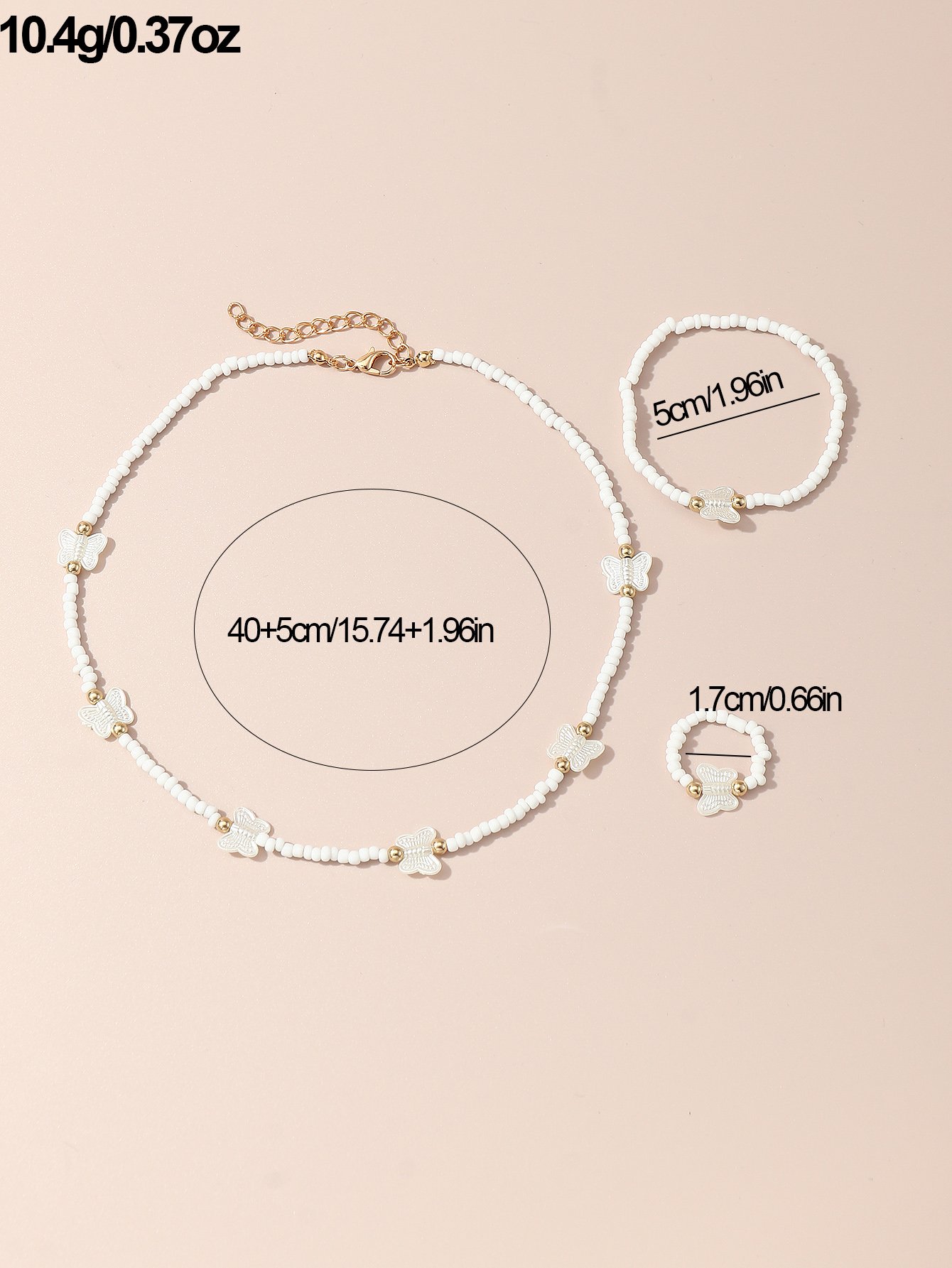 Girls White Butterfly Charm Beaded Necklace, Bracelet and Ring Set