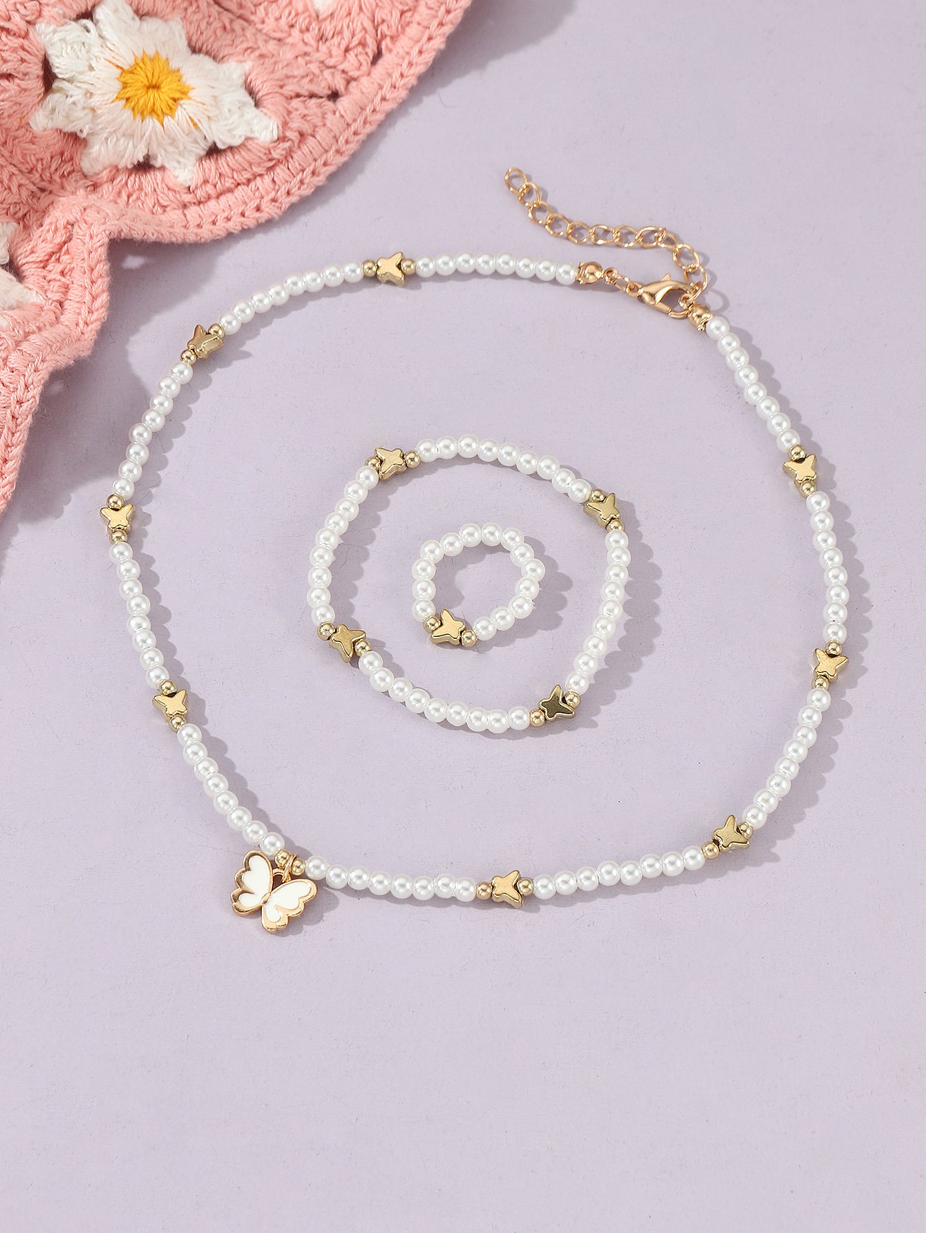 Girls White Butterfly Charm Pearl Necklace, Bracelet and Ring Set