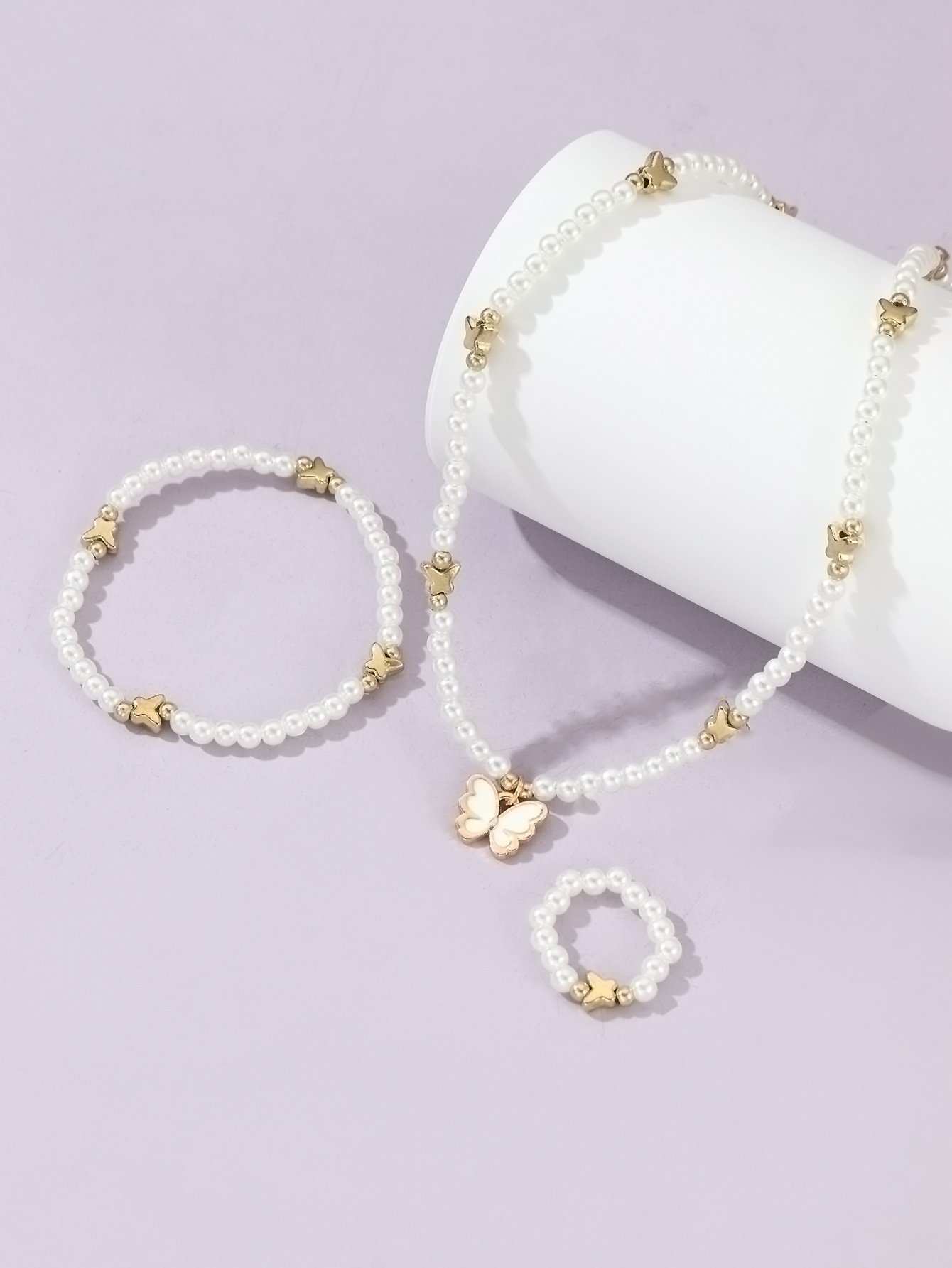 Girls White Butterfly Charm Pearl Necklace, Bracelet and Ring Set