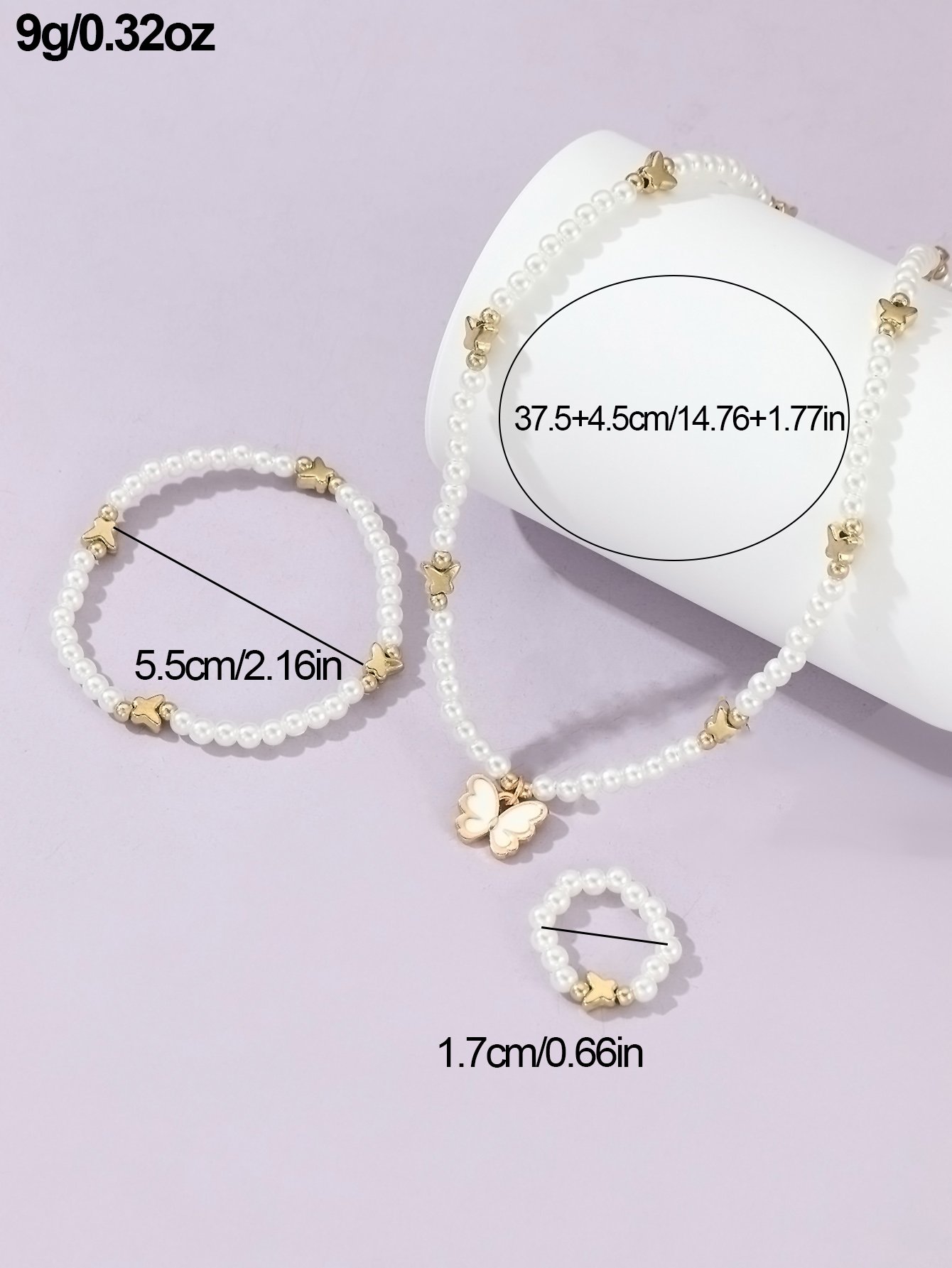 Girls White Butterfly Charm Pearl Necklace, Bracelet and Ring Set