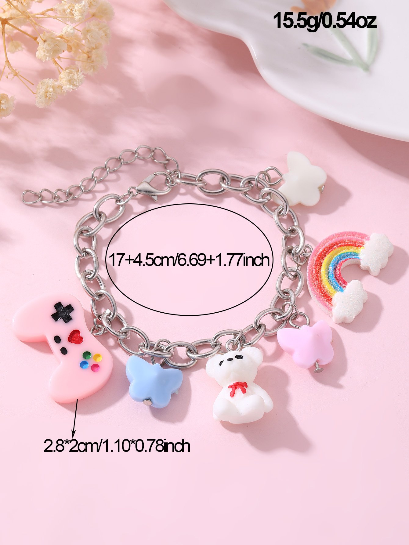Girls Multi-Color Link Bracelet with Multi-Charms