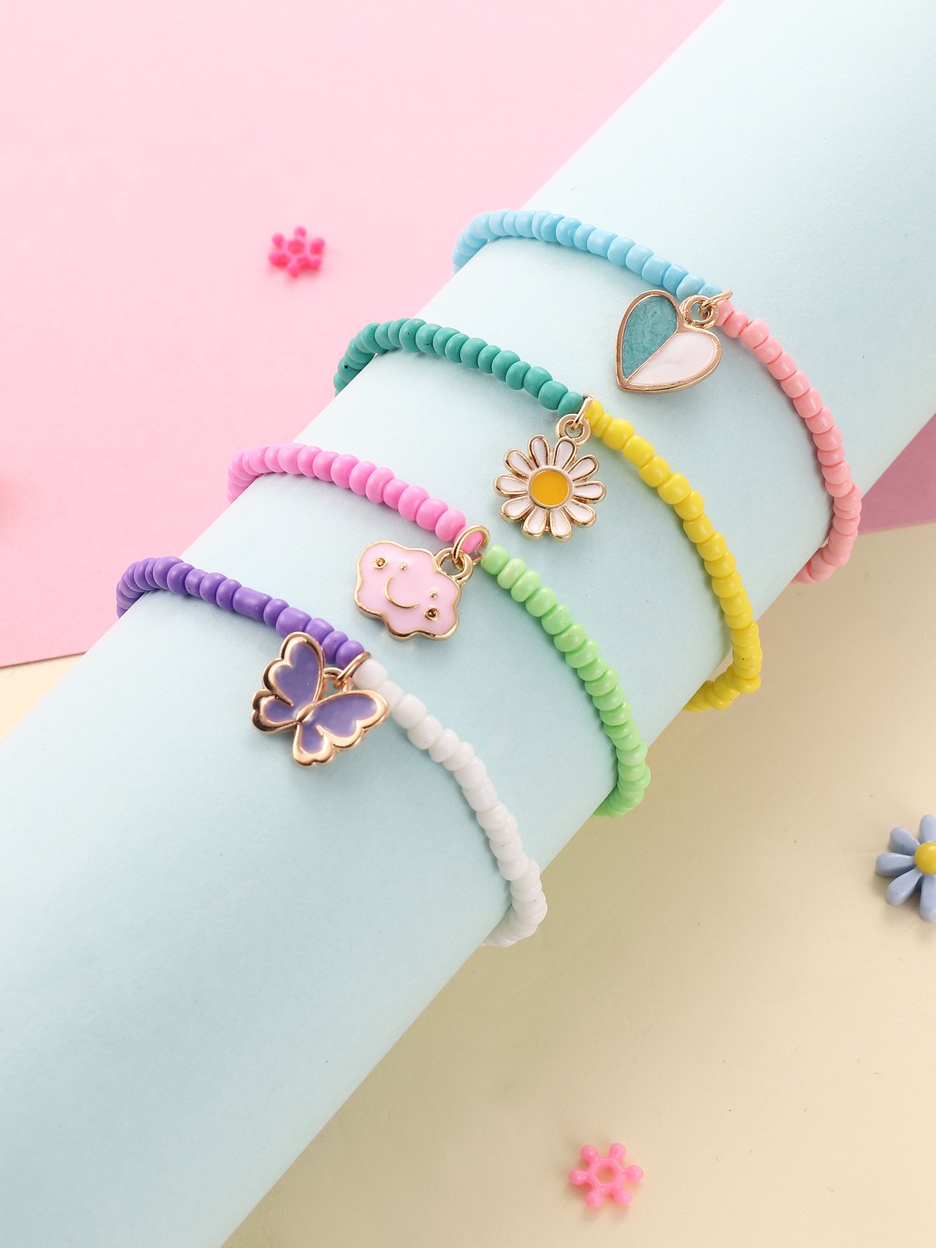 Pack of 4 - Girls Multi-Color Beaded Bracelets with Heart and Flower Charms