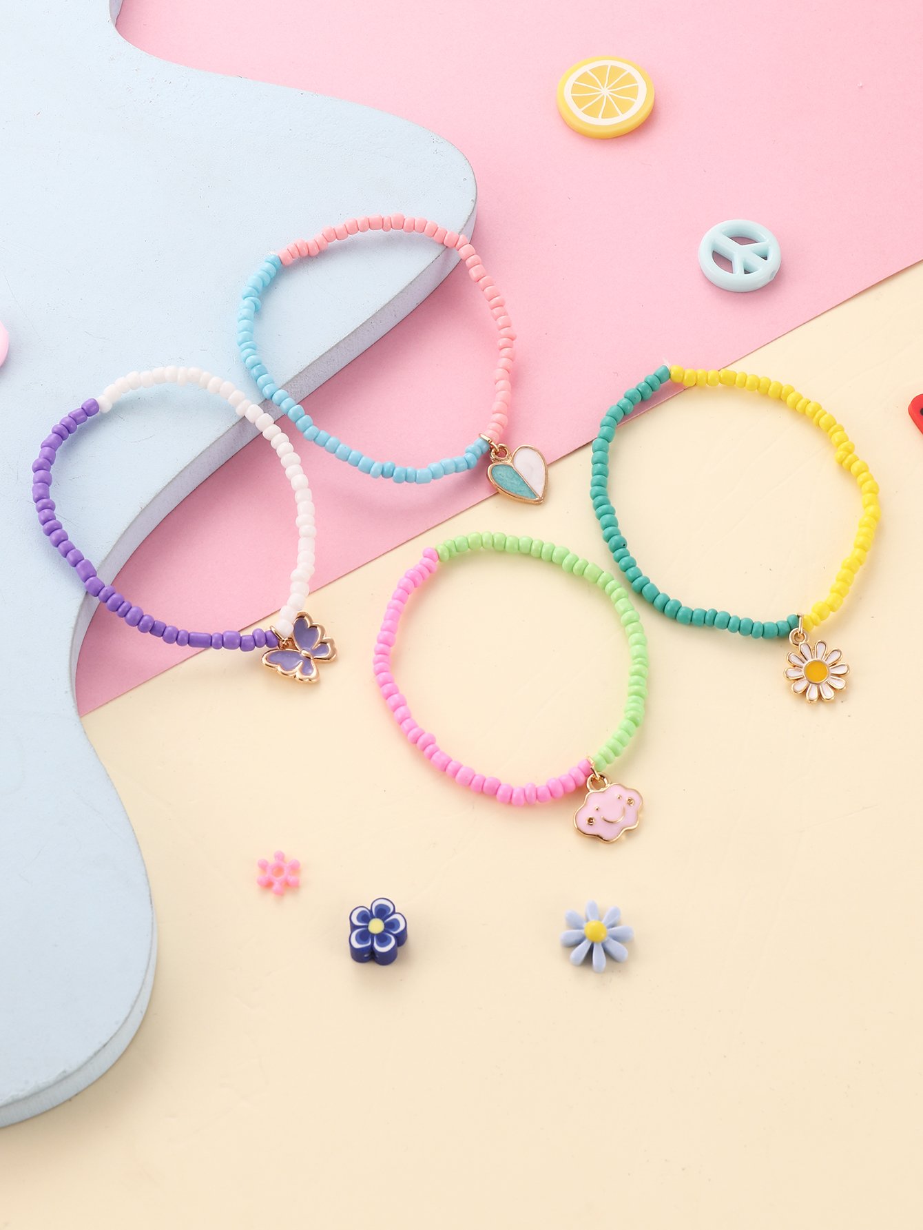 Pack of 4 - Girls Multi-Color Beaded Bracelets with Heart and Flower Charms