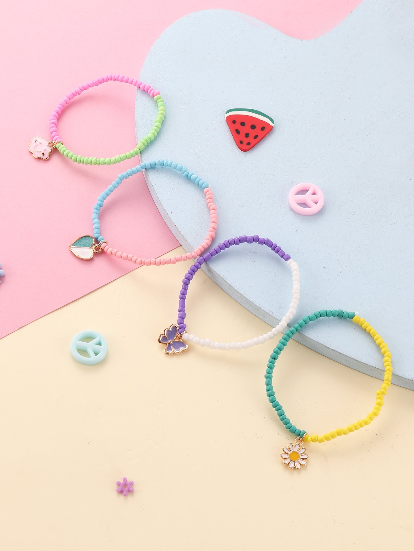 Pack of 4 - Girls Multi-Color Beaded Bracelets with Heart and Flower Charms