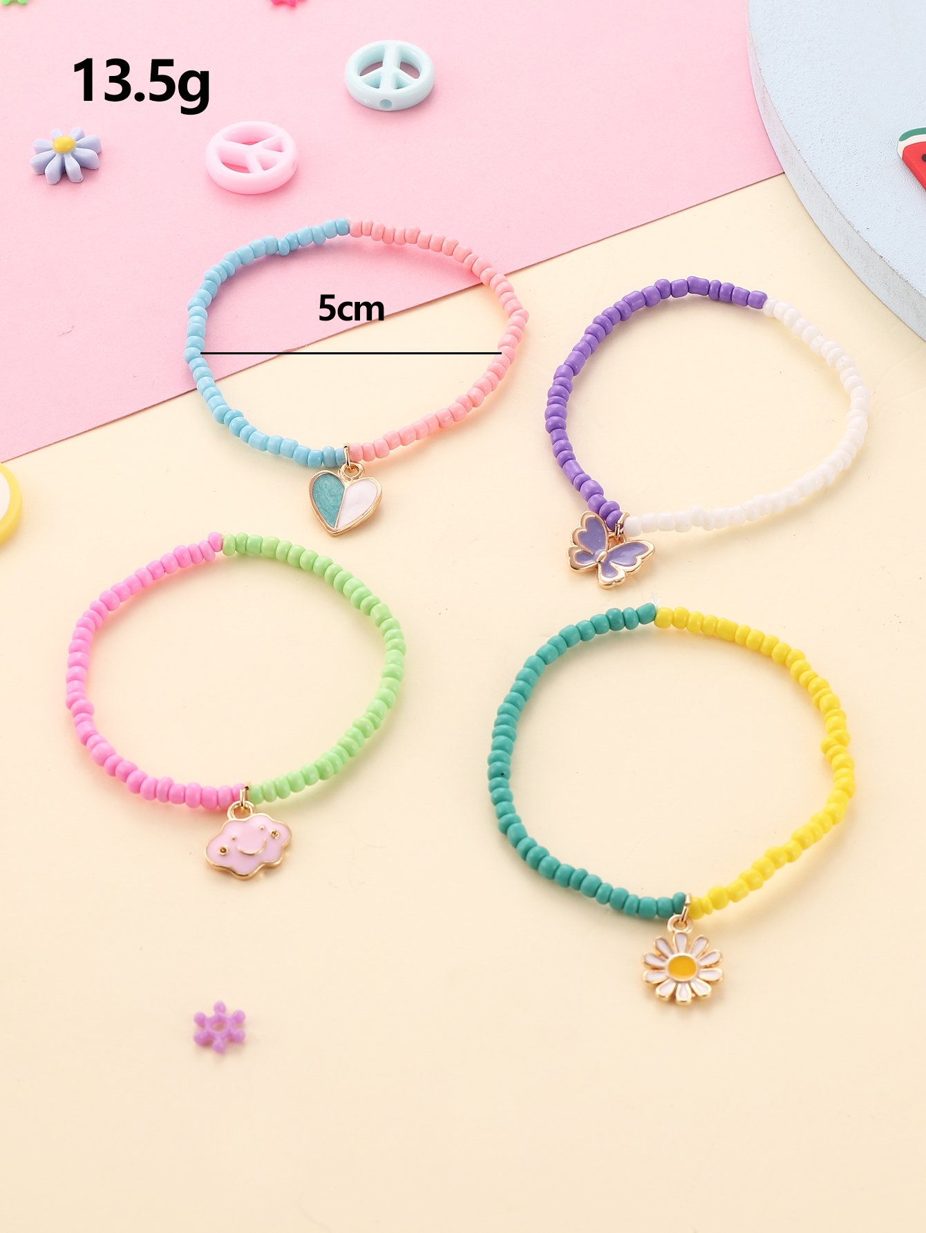 Pack of 4 - Girls Multi-Color Beaded Bracelets with Heart and Flower Charms