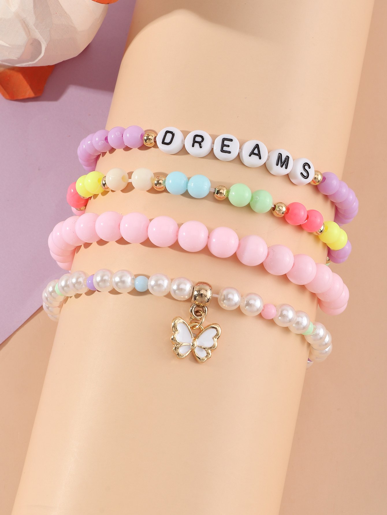 Pack of 4 - Girls Multi-Color DREAMS Beaded Bracelets with Butterfly Charm