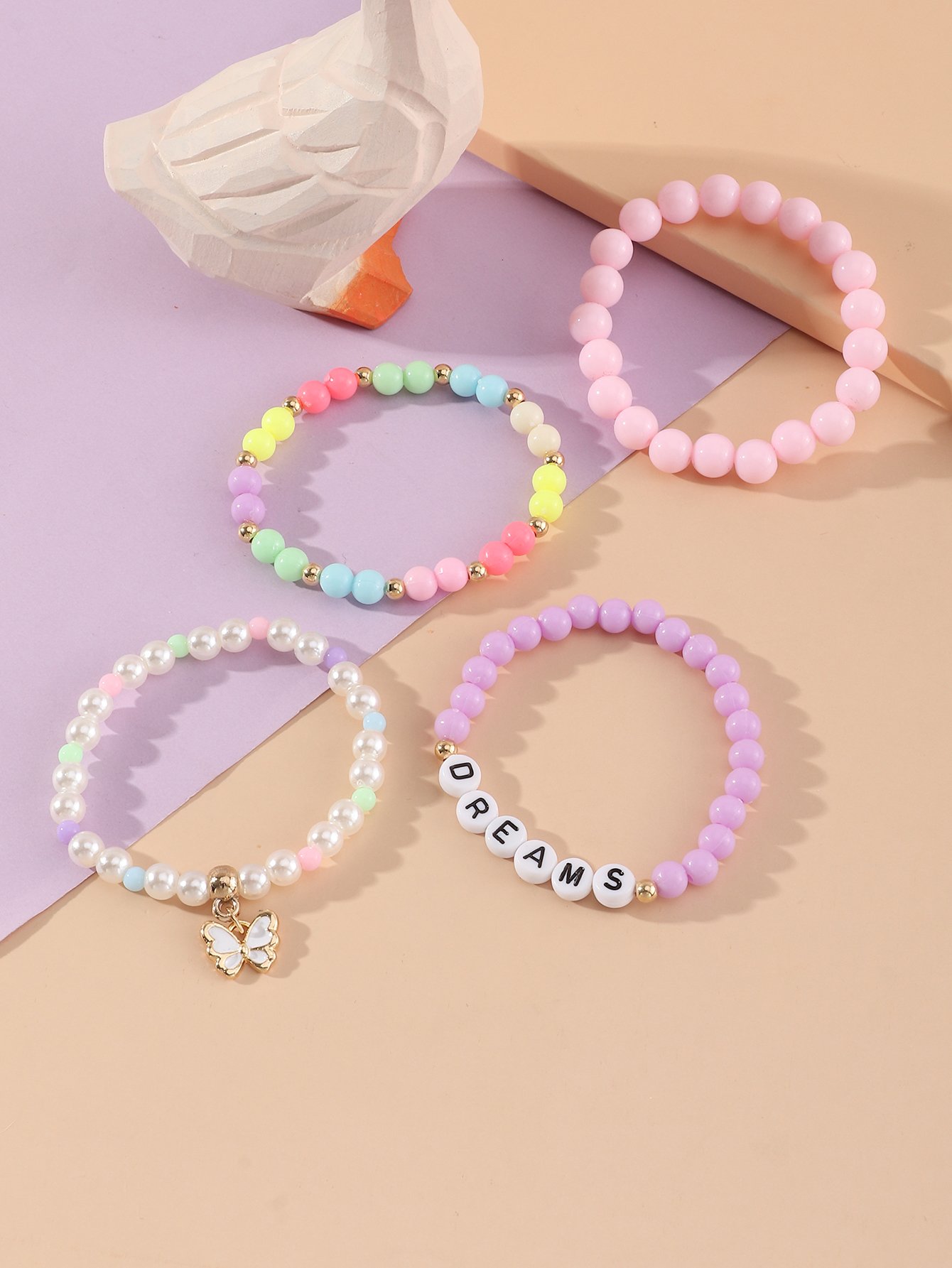 Pack of 4 - Girls Multi-Color DREAMS Beaded Bracelets with Butterfly Charm