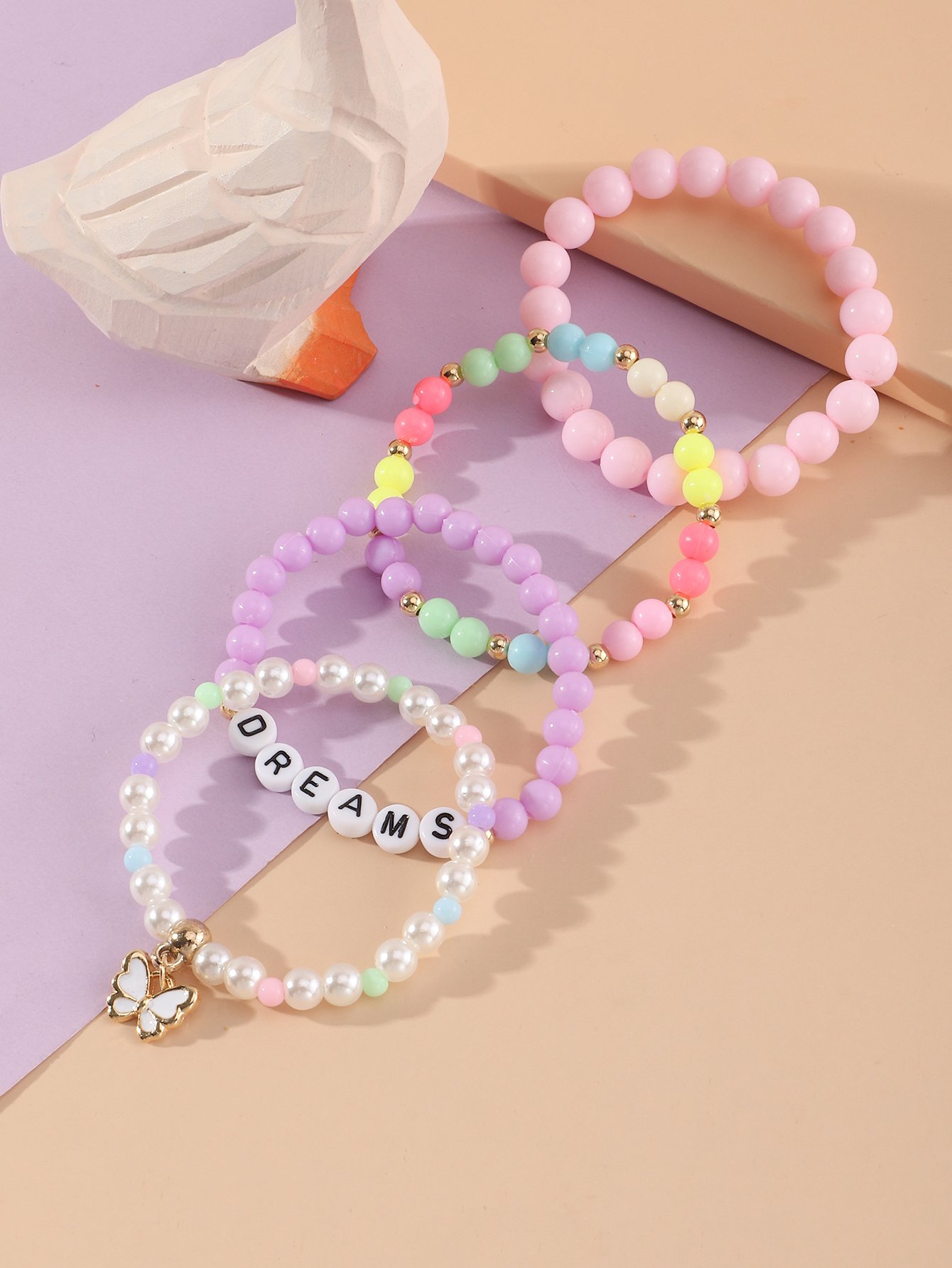 Pack of 4 - Girls Multi-Color DREAMS Beaded Bracelets with Butterfly Charm