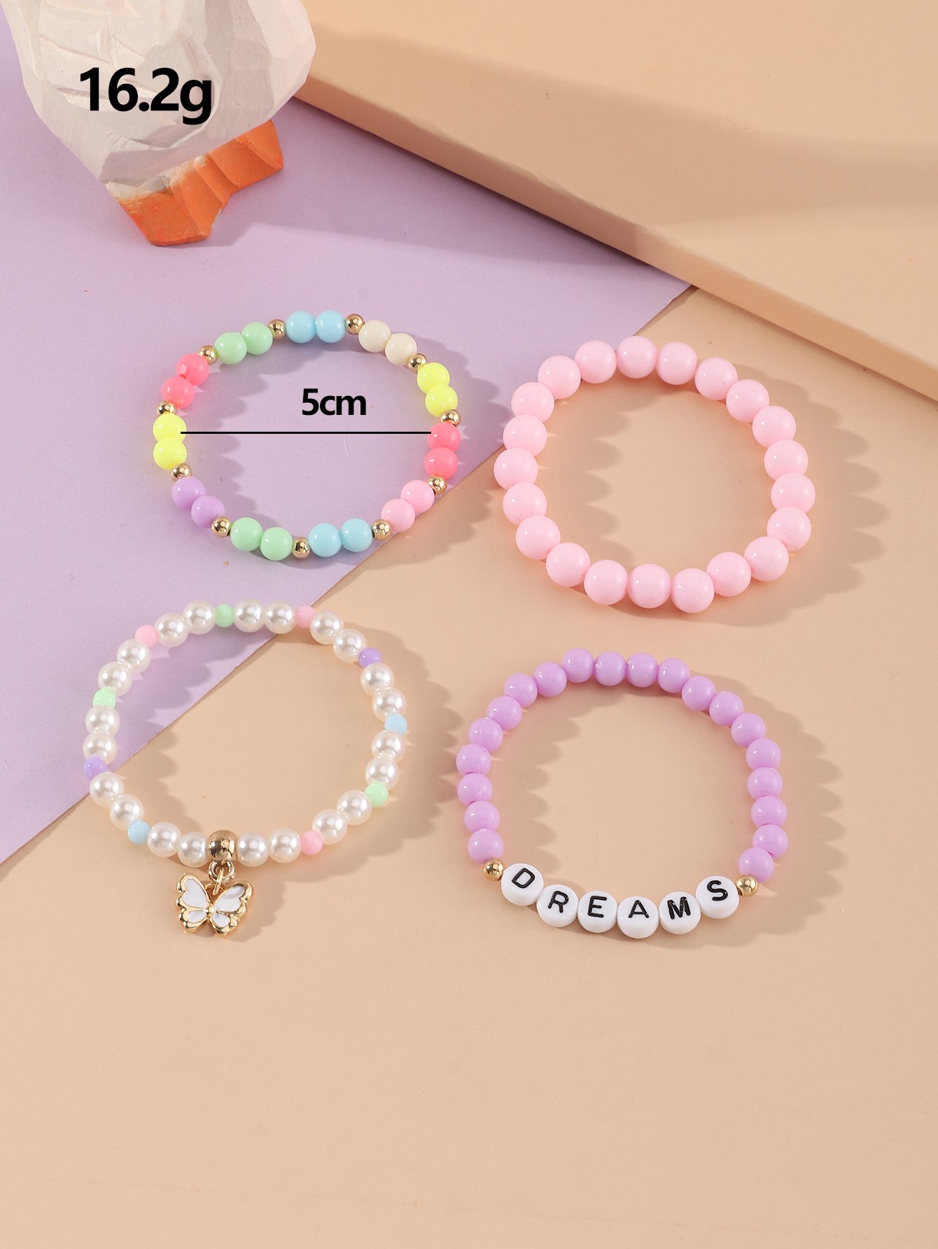 Pack of 4 - Girls Multi-Color DREAMS Beaded Bracelets with Butterfly Charm