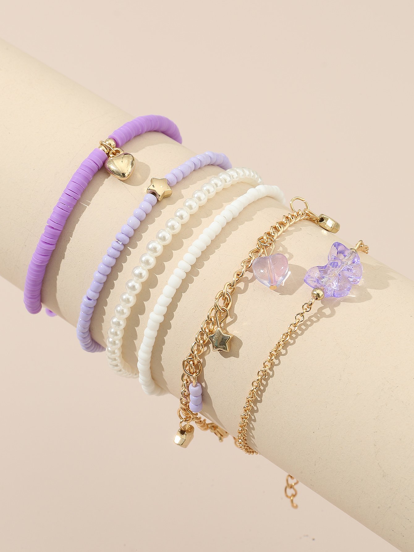 Pack of 6 - Girls Multi-Color Pastel Beaded and Charm Bracelets