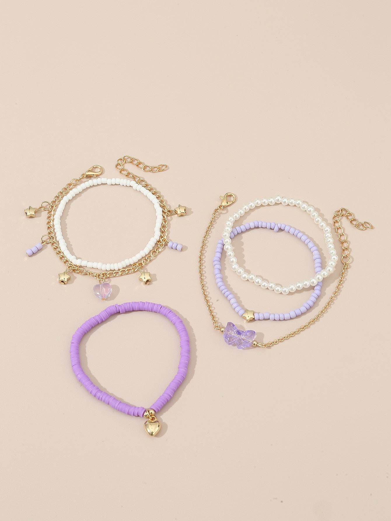 Pack of 6 - Girls Multi-Color Pastel Beaded and Charm Bracelets