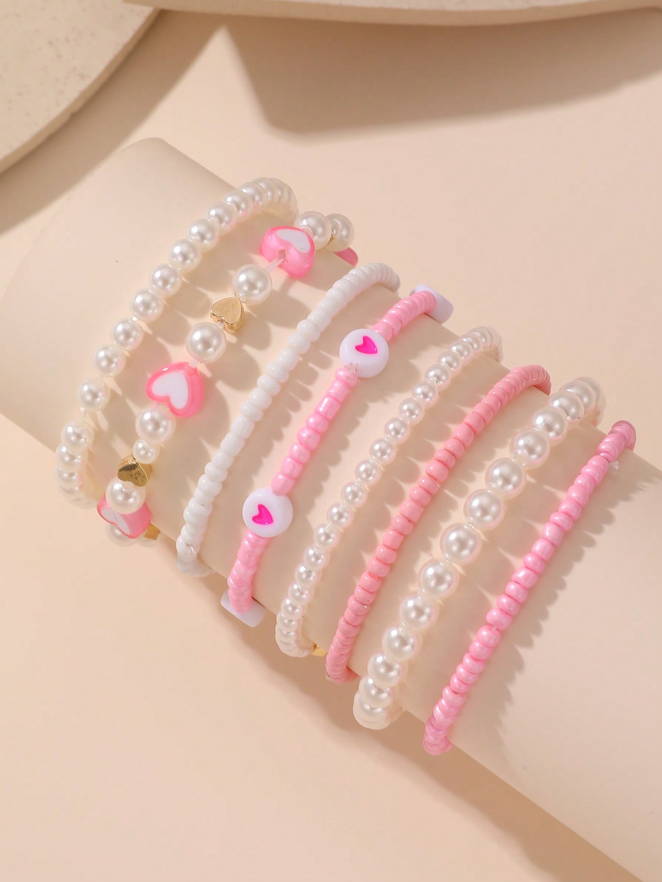 Pack of 8 - Girls Multi-Color Pearl and Heart Beaded Bracelets