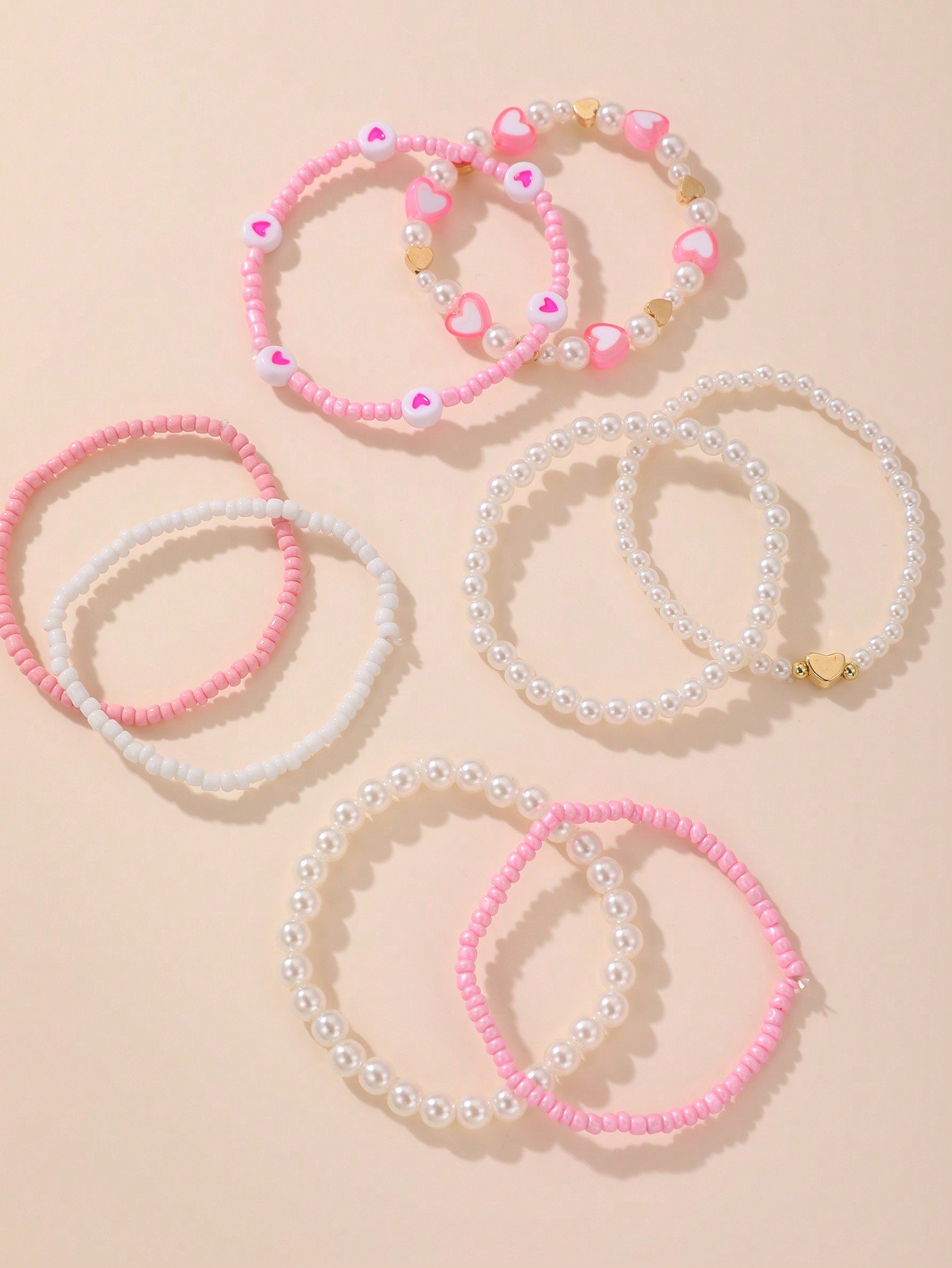 Pack of 8 - Girls Multi-Color Pearl and Heart Beaded Bracelets
