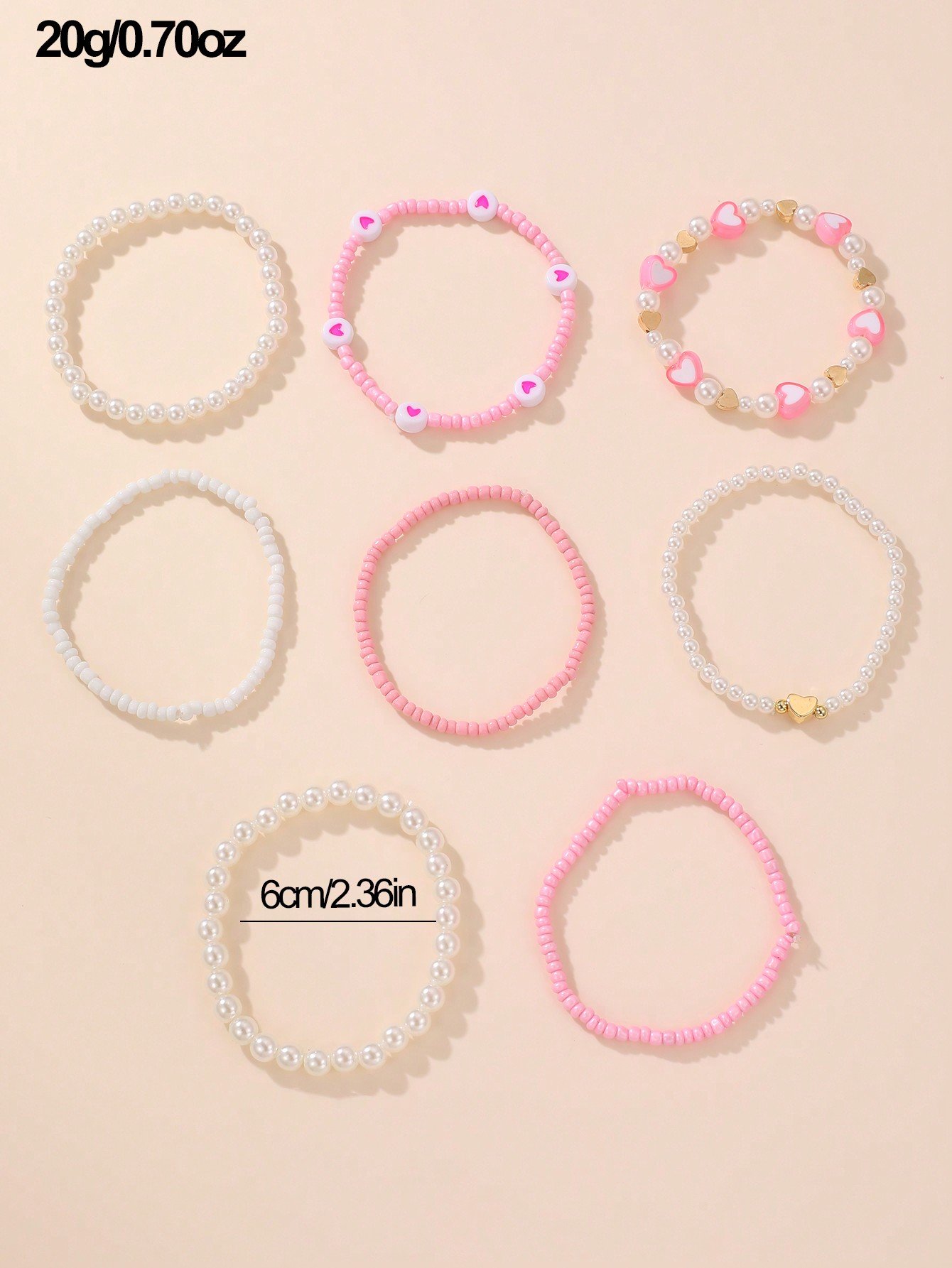 Pack of 8 - Girls Multi-Color Pearl and Heart Beaded Bracelets