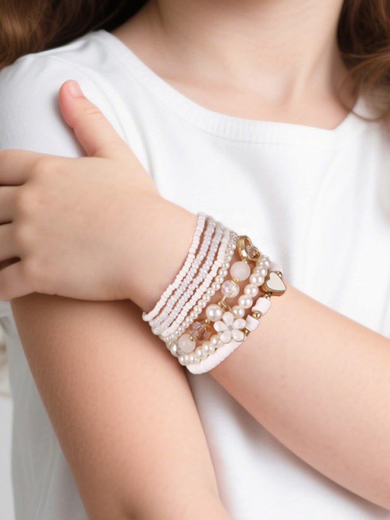 Pack of 8 - Girls White Pearl and Flower Beaded Bracelets