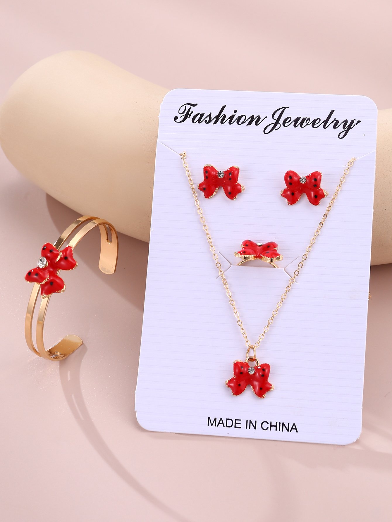 Girls Red Bow Charm Necklace, Bracelet, Ring and Earrings Set