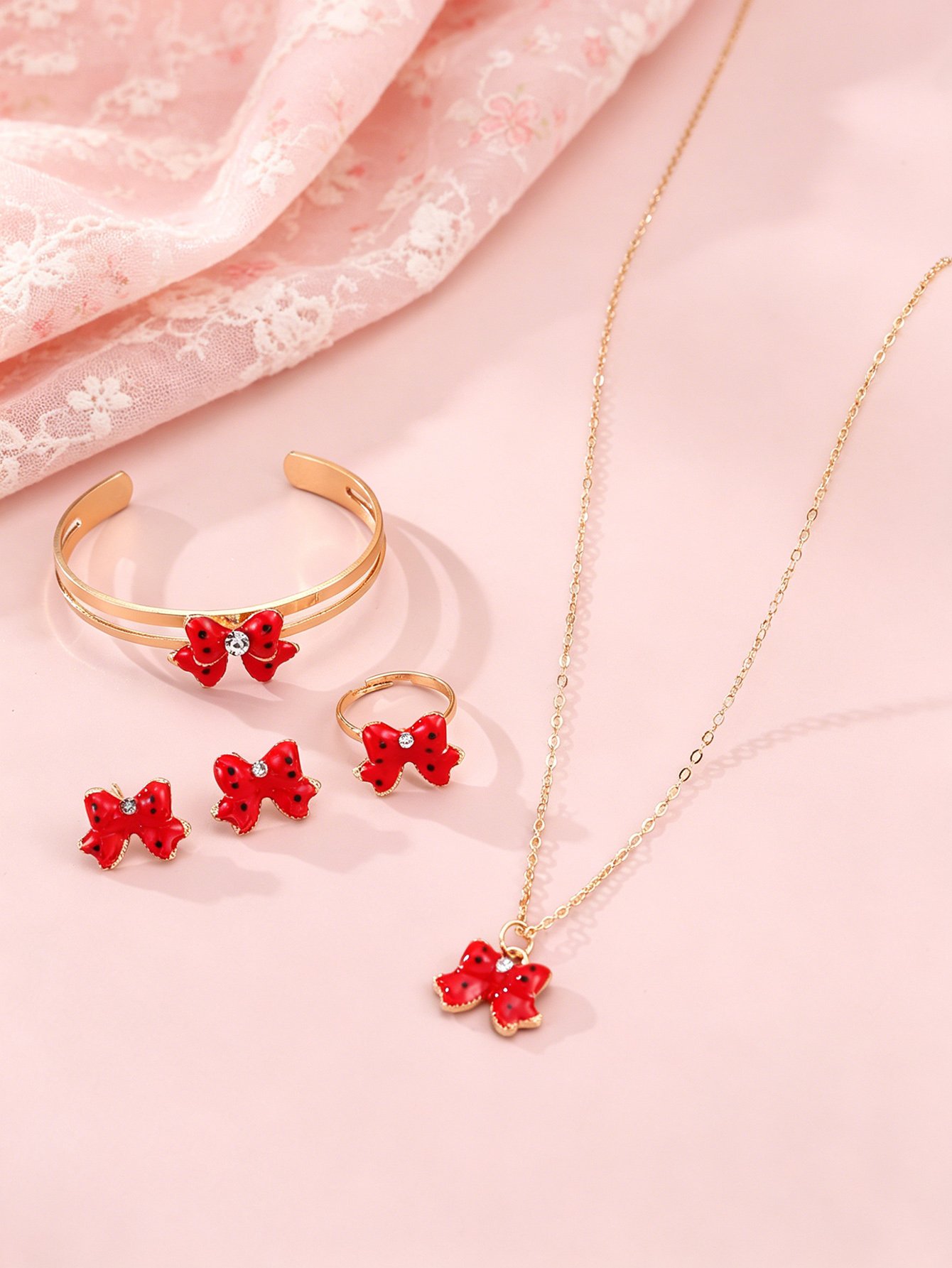 Girls Red Bow Charm Necklace, Bracelet, Ring and Earrings Set