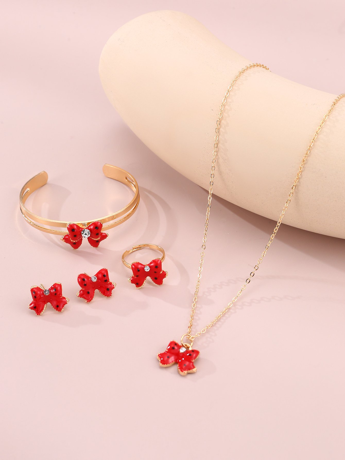 Girls Red Bow Charm Necklace, Bracelet, Ring and Earrings Set