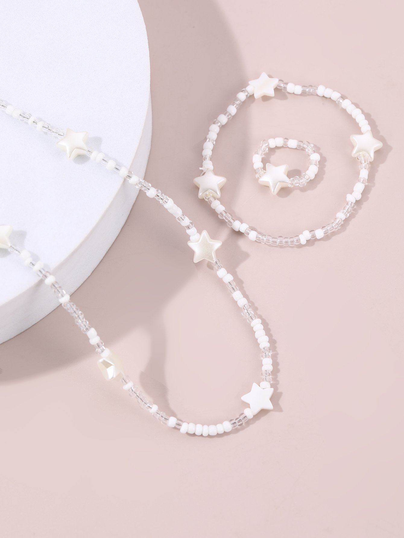 Girls White Star Charm Beaded Necklace, Bracelet and Ring Set