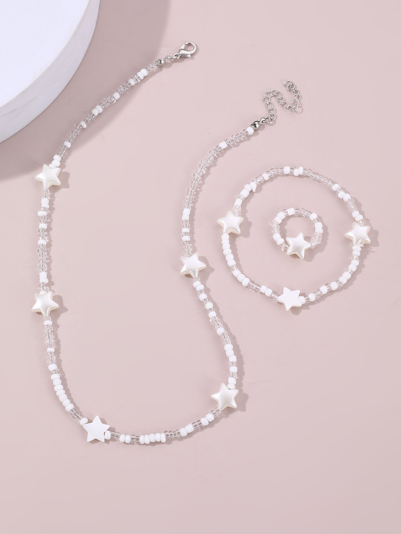 Girls White Star Charm Beaded Necklace, Bracelet and Ring Set