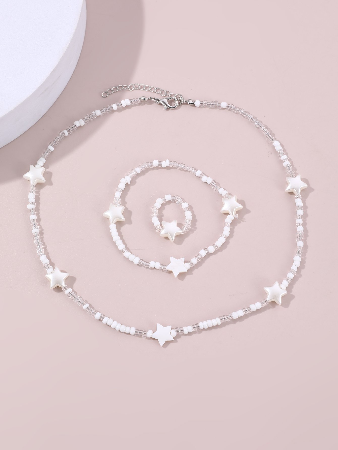 Girls White Star Charm Beaded Necklace, Bracelet and Ring Set