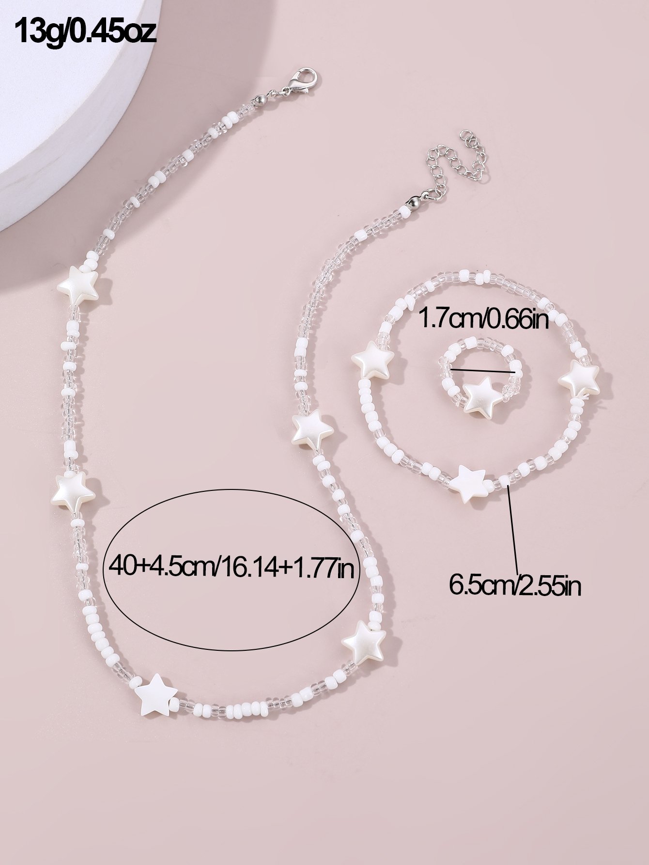 Girls White Star Charm Beaded Necklace, Bracelet and Ring Set