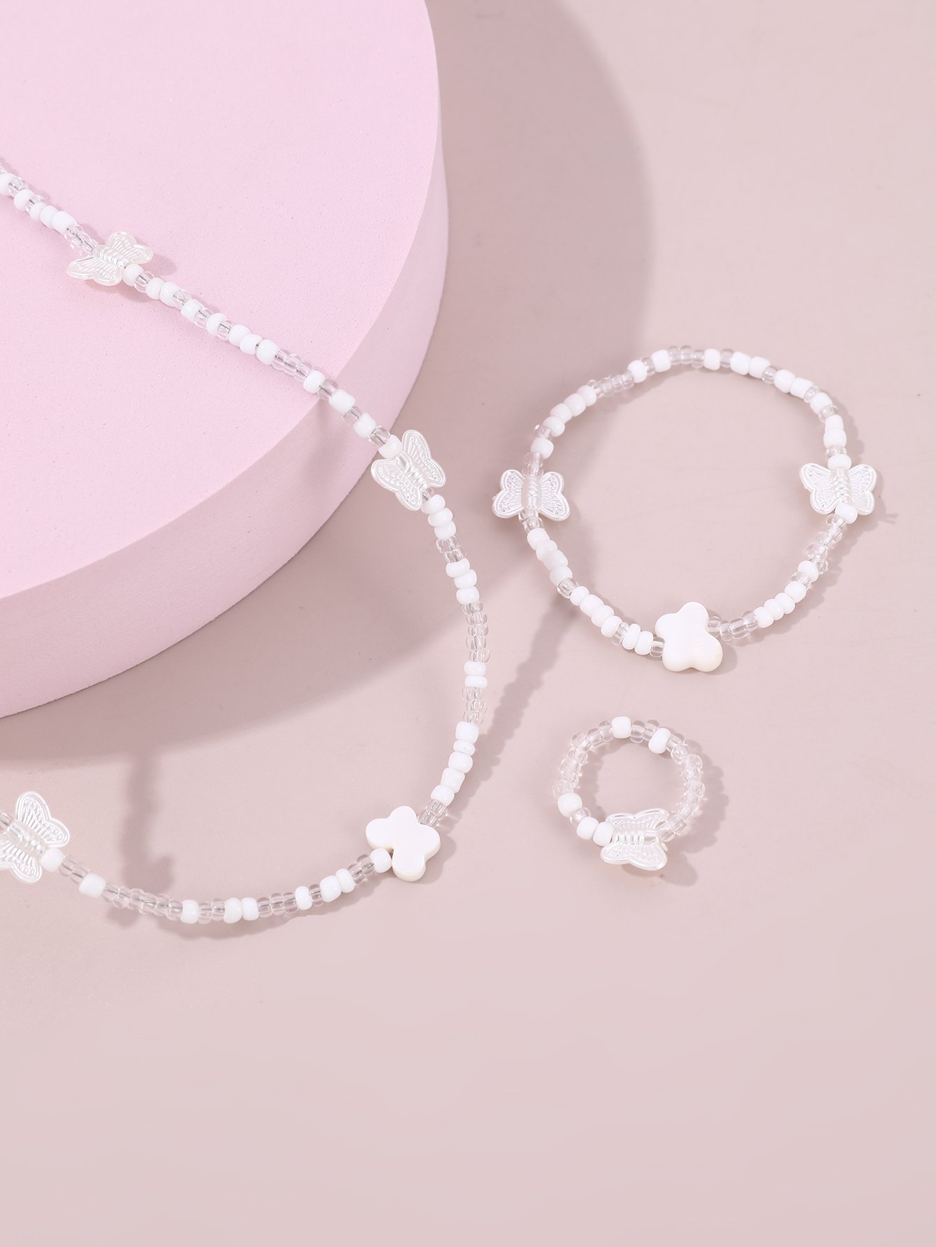 Girls White Butterfly Charm Beaded Necklace, Bracelet and Ring Set