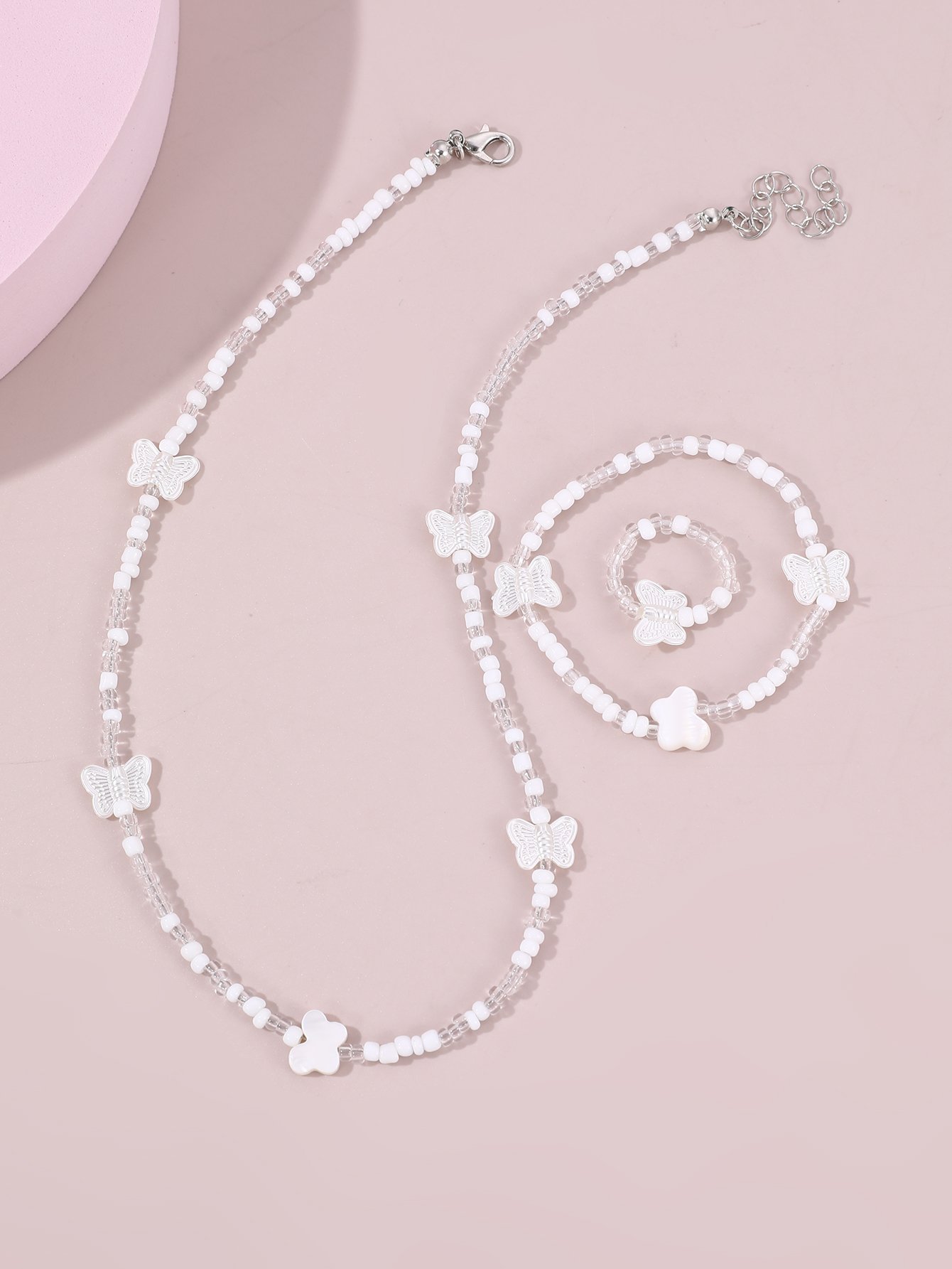 Girls White Butterfly Charm Beaded Necklace, Bracelet and Ring Set