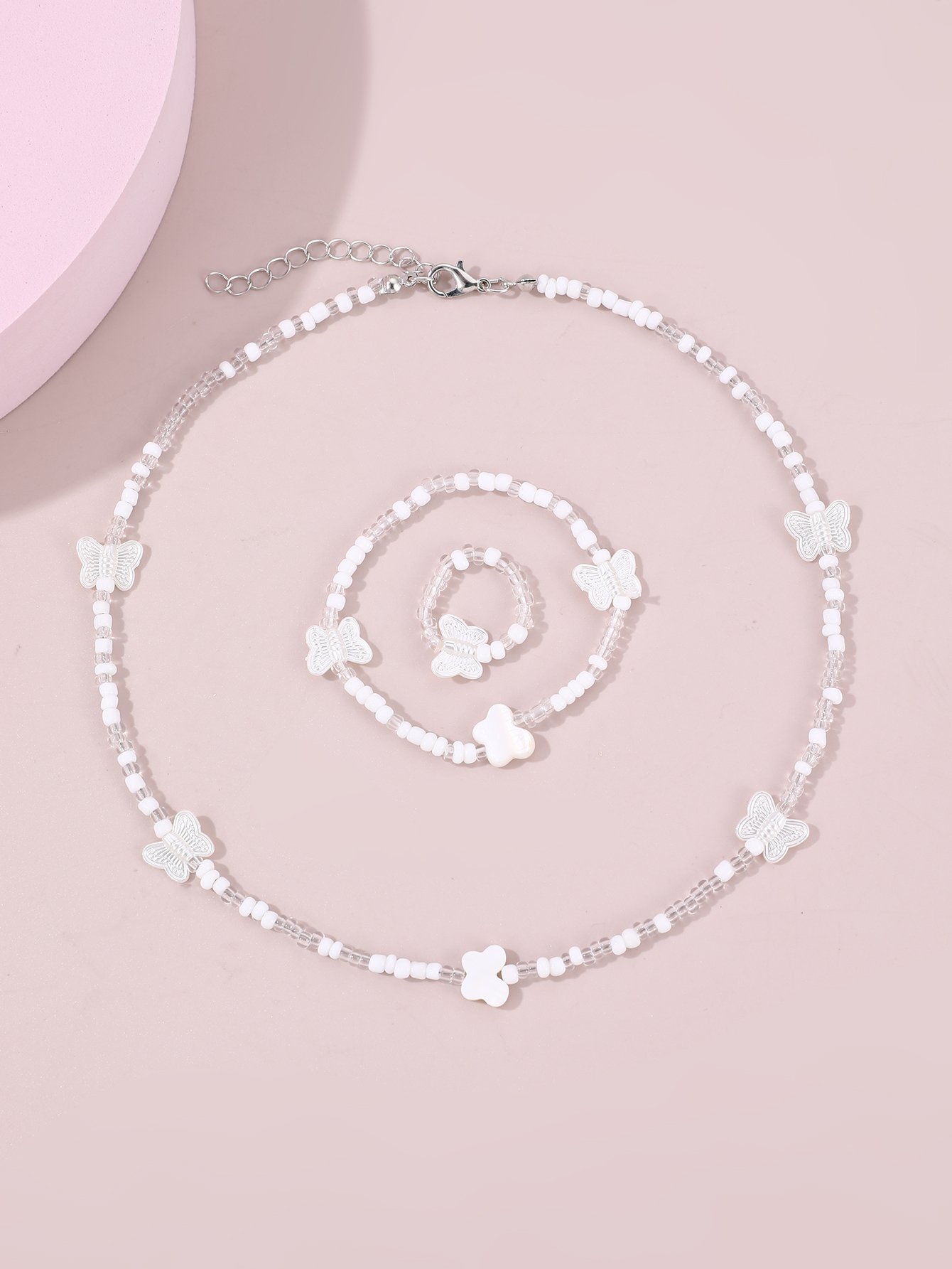 Girls White Butterfly Charm Beaded Necklace, Bracelet and Ring Set