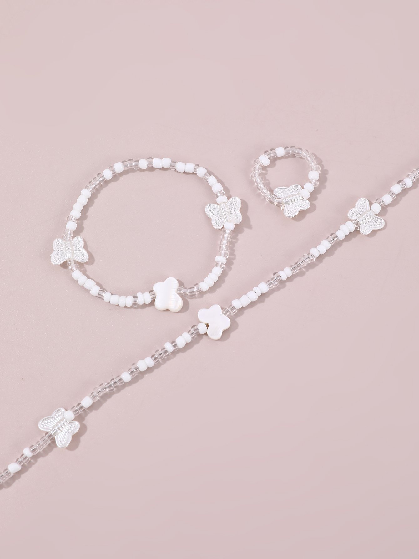 Girls White Butterfly Charm Beaded Necklace, Bracelet and Ring Set