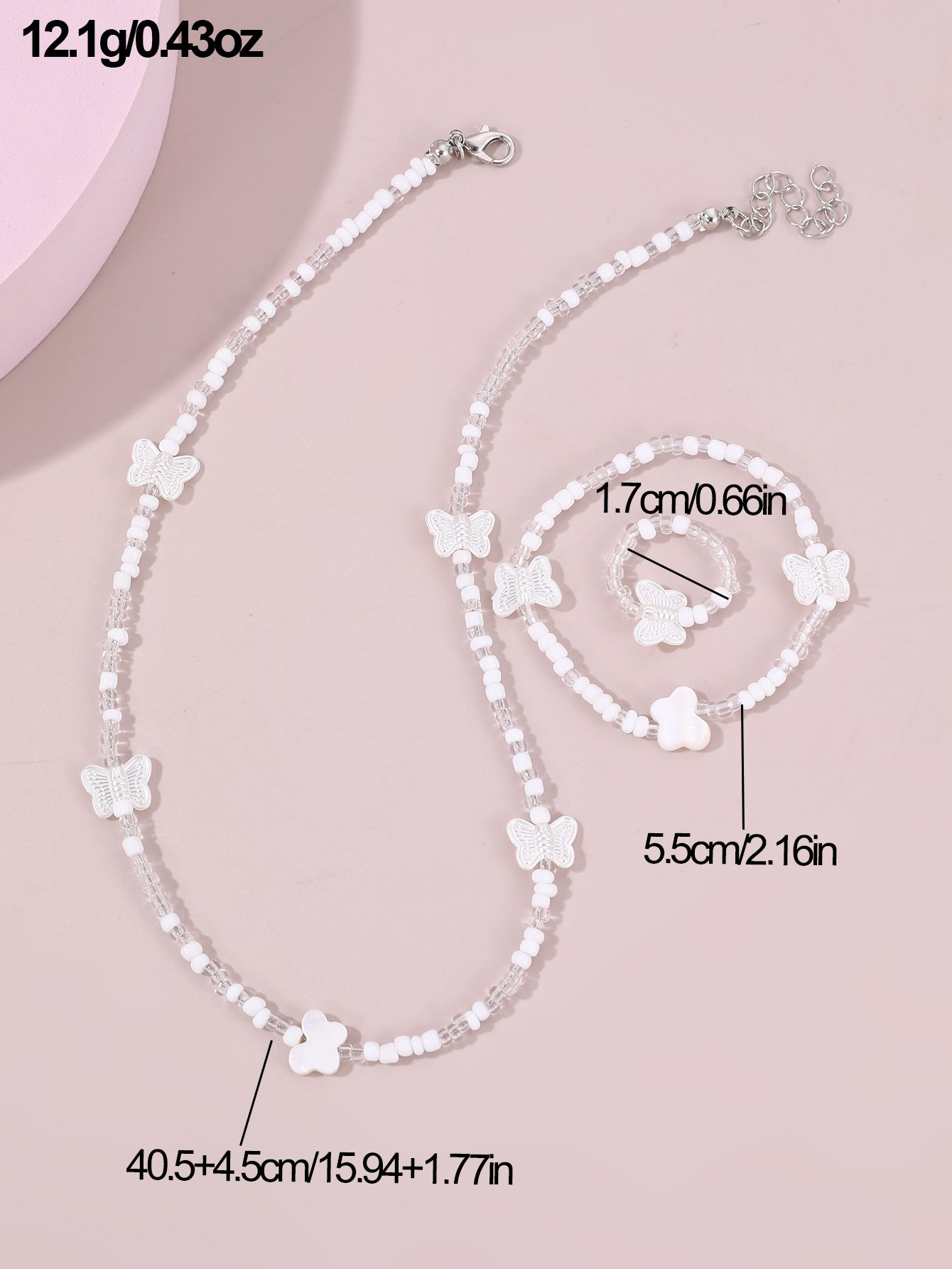 Girls White Butterfly Charm Beaded Necklace, Bracelet and Ring Set