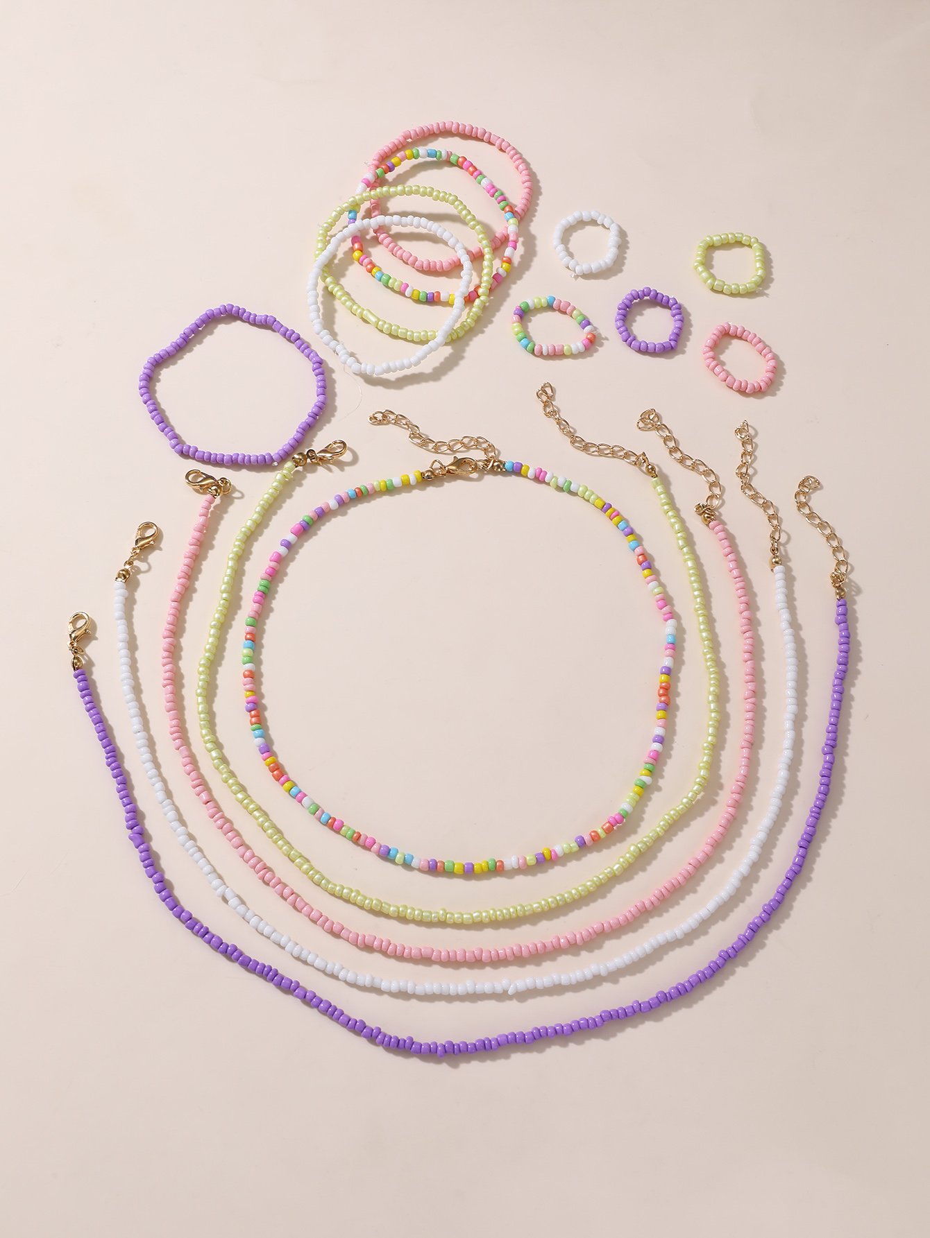 15-Piece Pastel Beaded Necklace, Bracelet and Ring Set for Kids