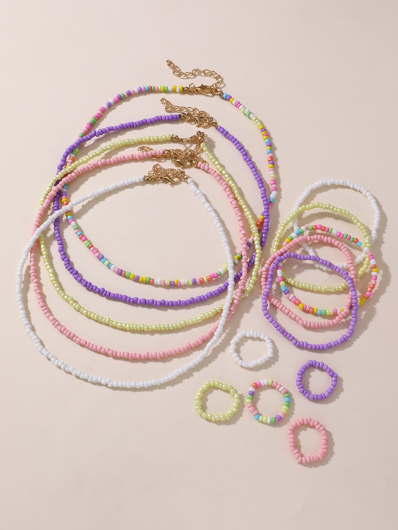 15-Piece Pastel Beaded Necklace, Bracelet and Ring Set for Kids
