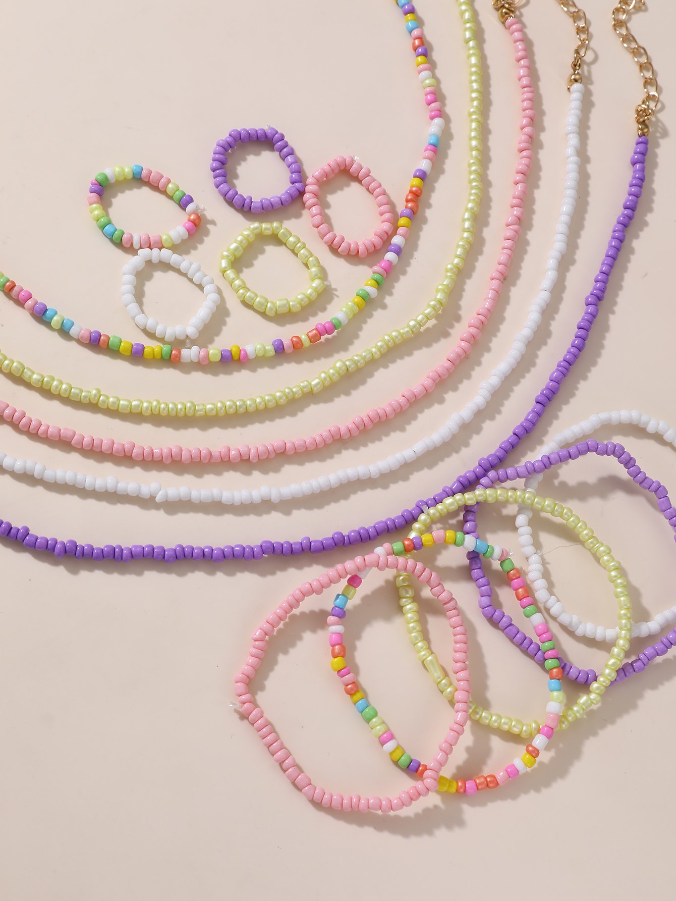 15-Piece Pastel Beaded Necklace, Bracelet and Ring Set for Kids