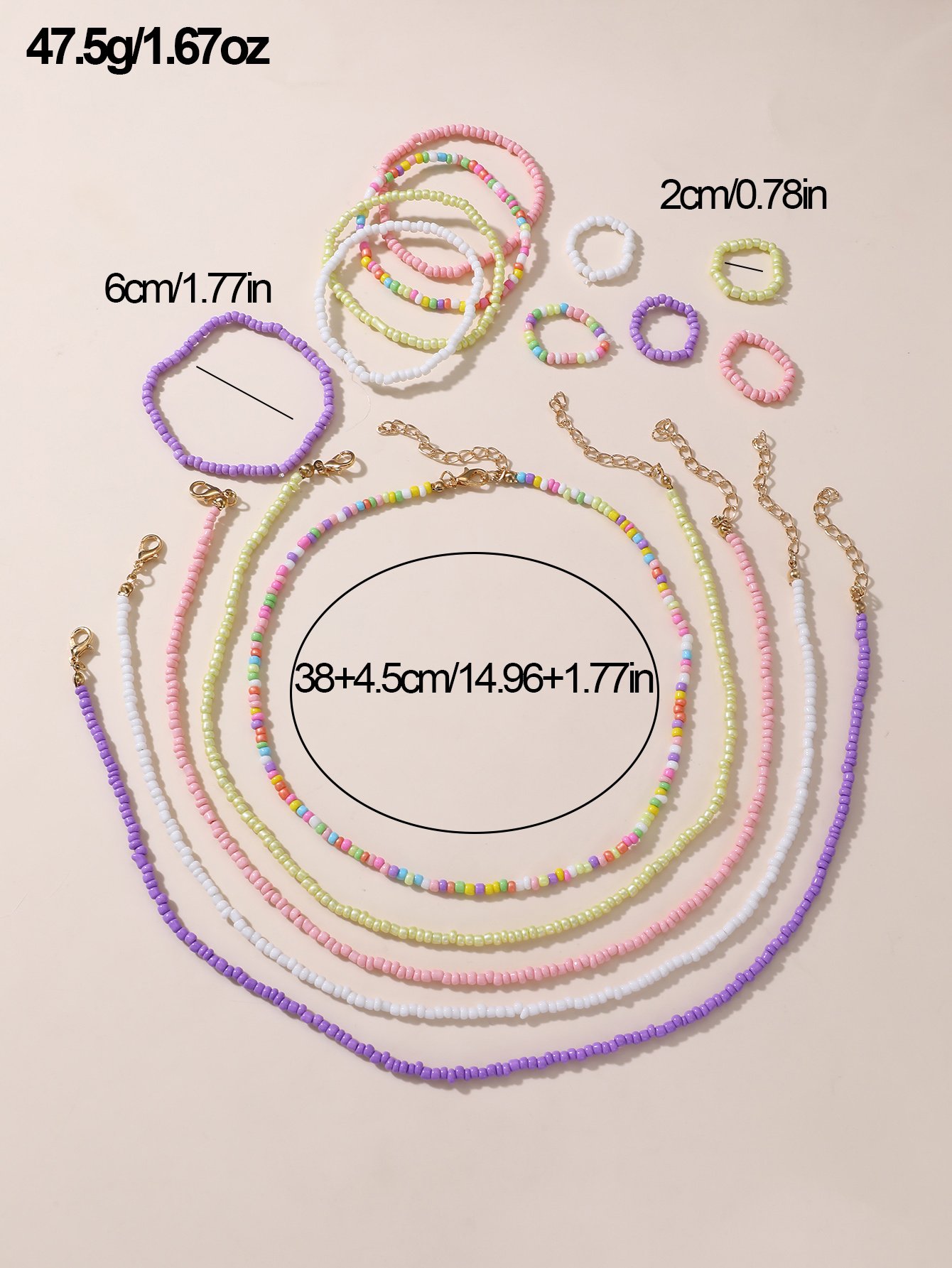 15-Piece Pastel Beaded Necklace, Bracelet and Ring Set for Kids
