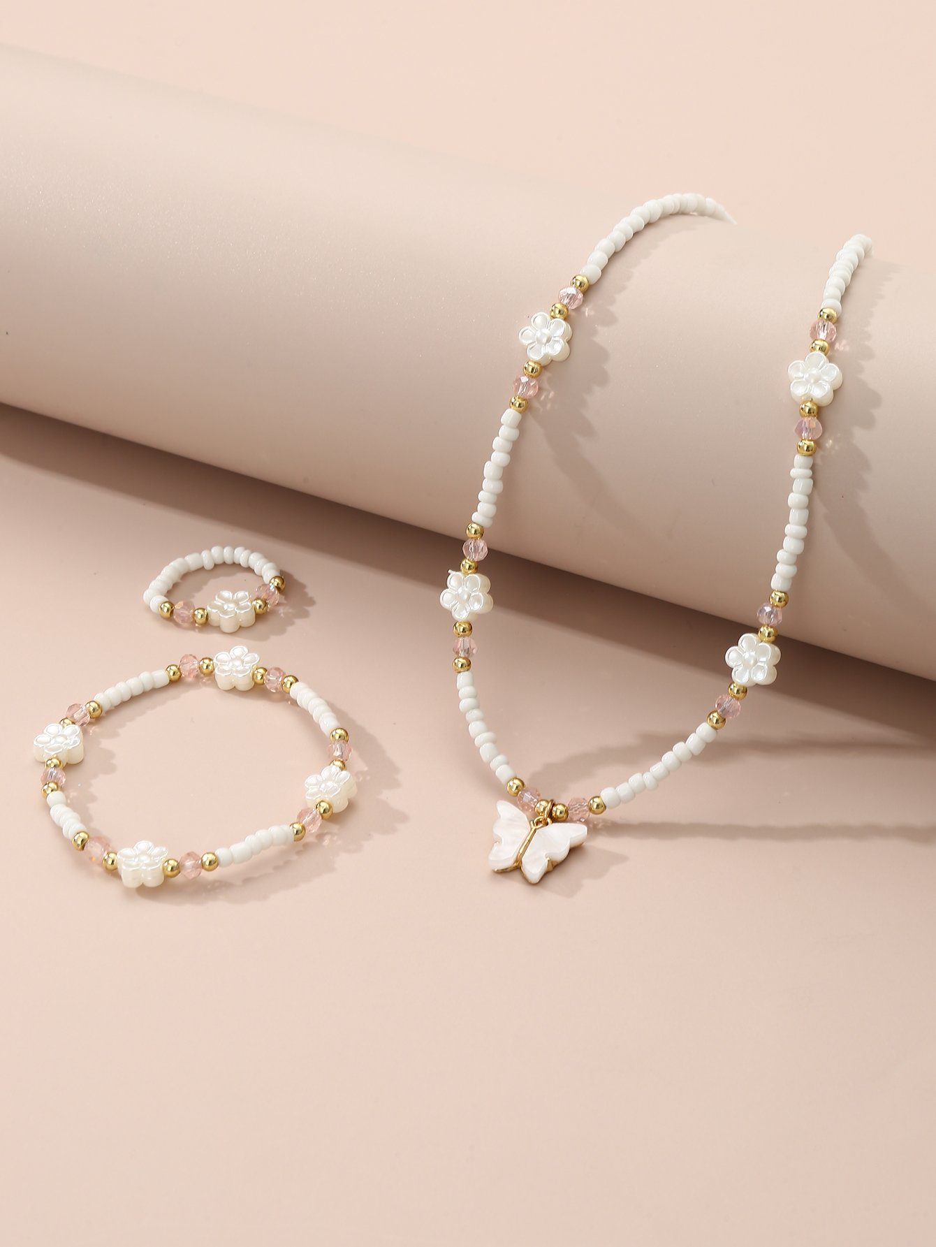 Girls White Butterfly and Flower Charm Beaded Necklace, Bracelet and Rig Set