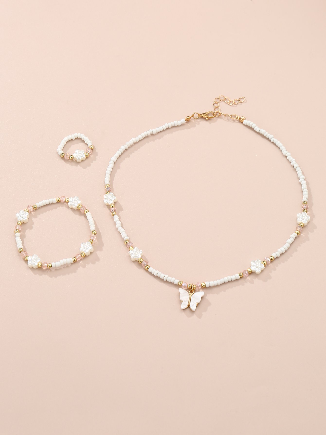 Girls White Butterfly and Flower Charm Beaded Necklace, Bracelet and Rig Set
