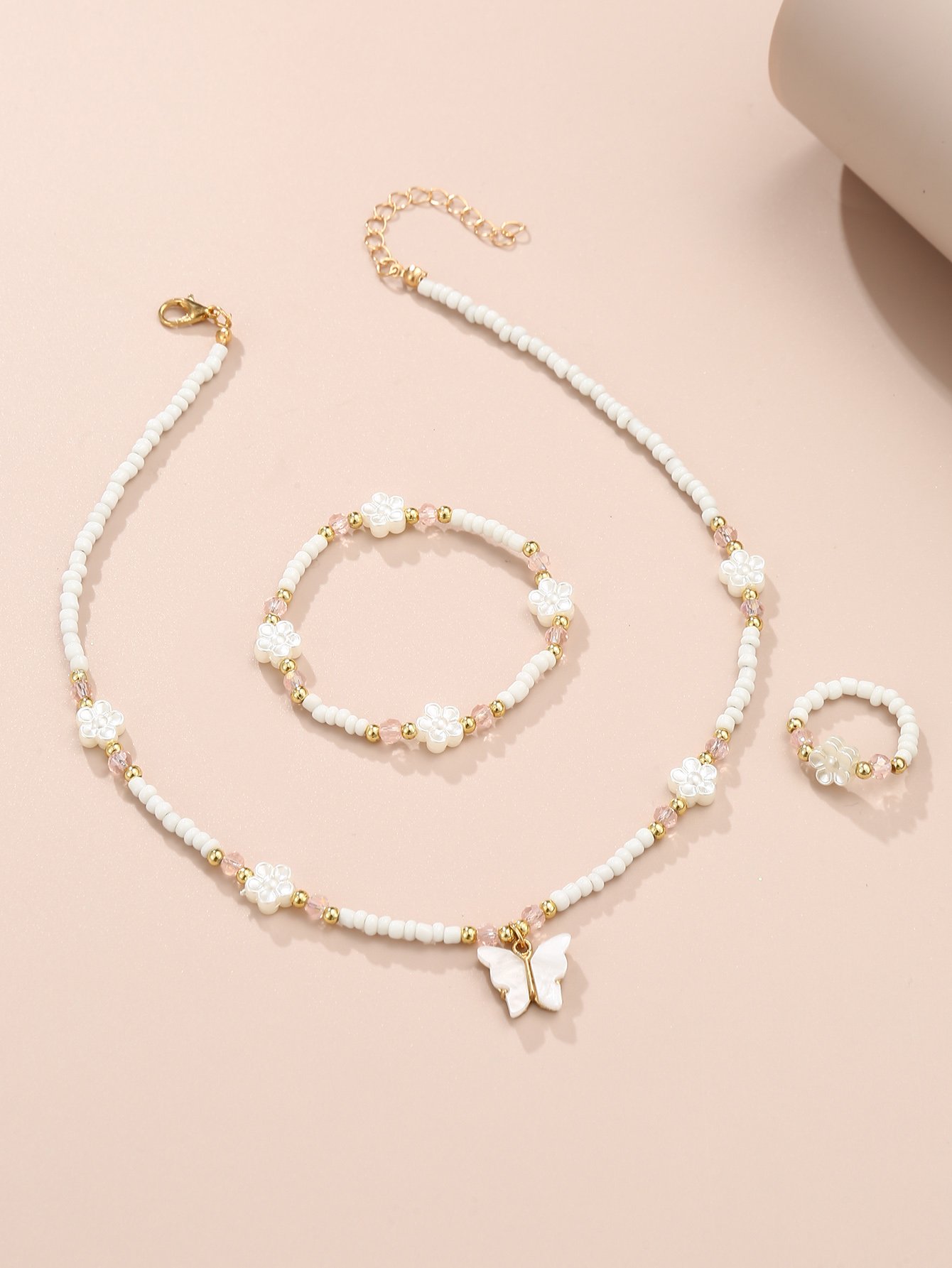 Girls White Butterfly and Flower Charm Beaded Necklace, Bracelet and Rig Set