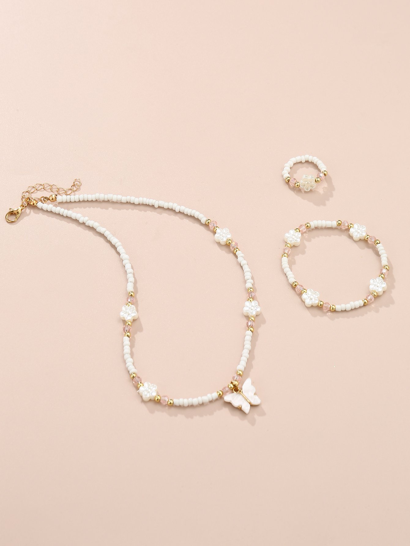 Girls White Butterfly and Flower Charm Beaded Necklace, Bracelet and Rig Set
