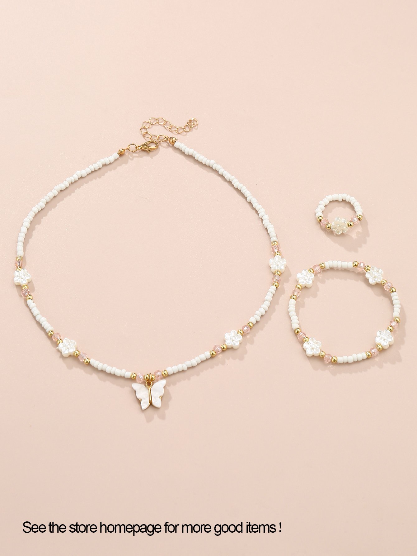 Girls White Butterfly and Flower Charm Beaded Necklace, Bracelet and Rig Set