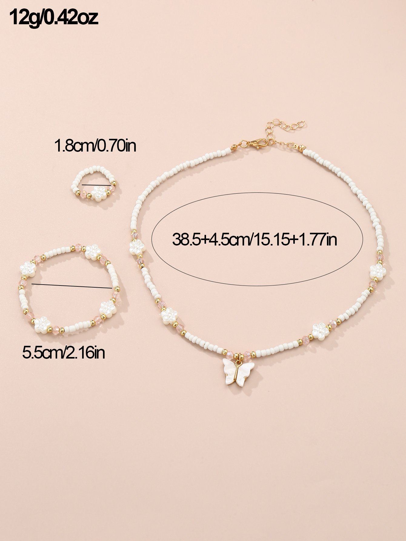Girls White Butterfly and Flower Charm Beaded Necklace, Bracelet and Rig Set