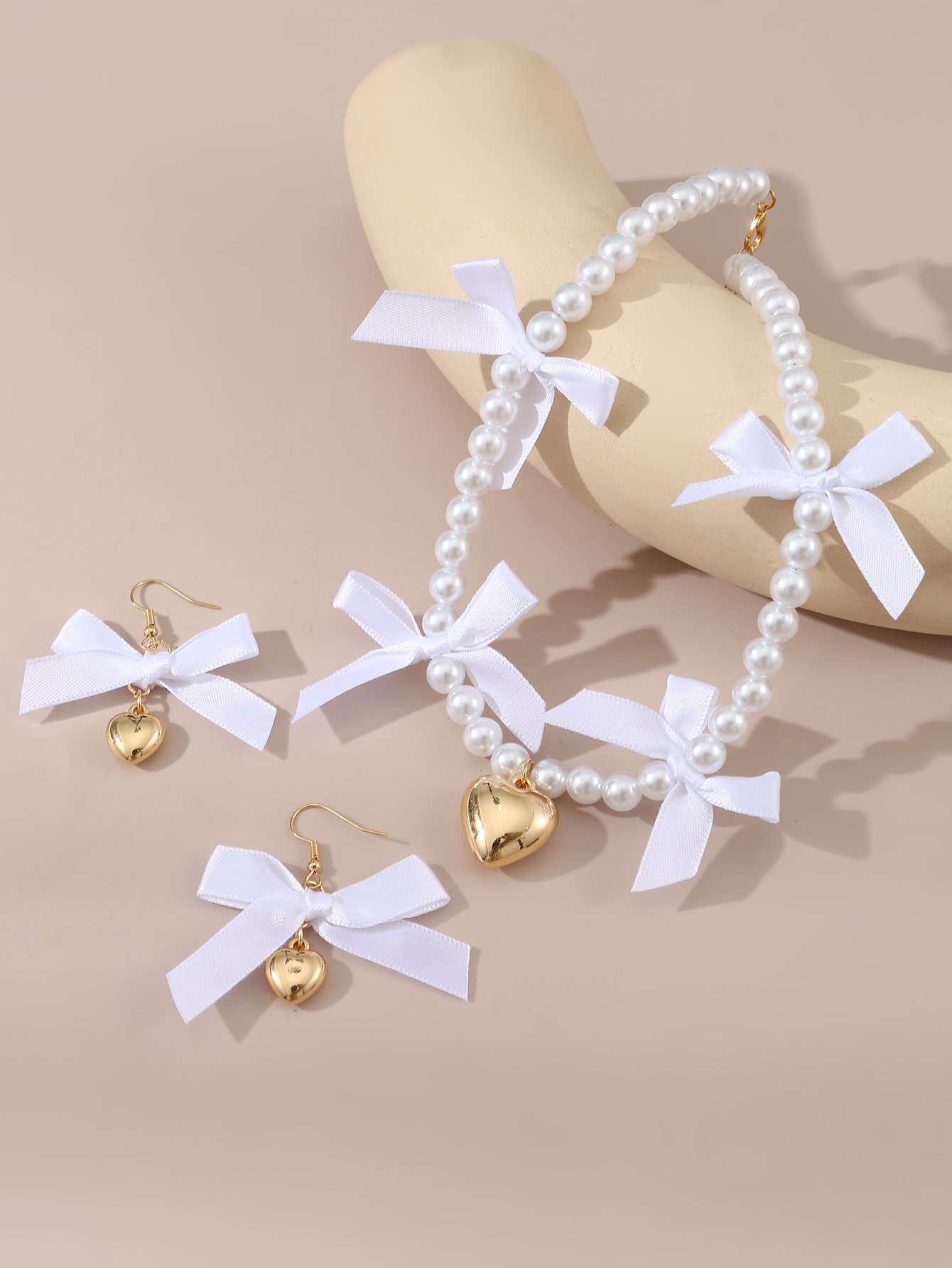 Girls White Bow and Heart Charms Pearl Necklace and Earrings Set