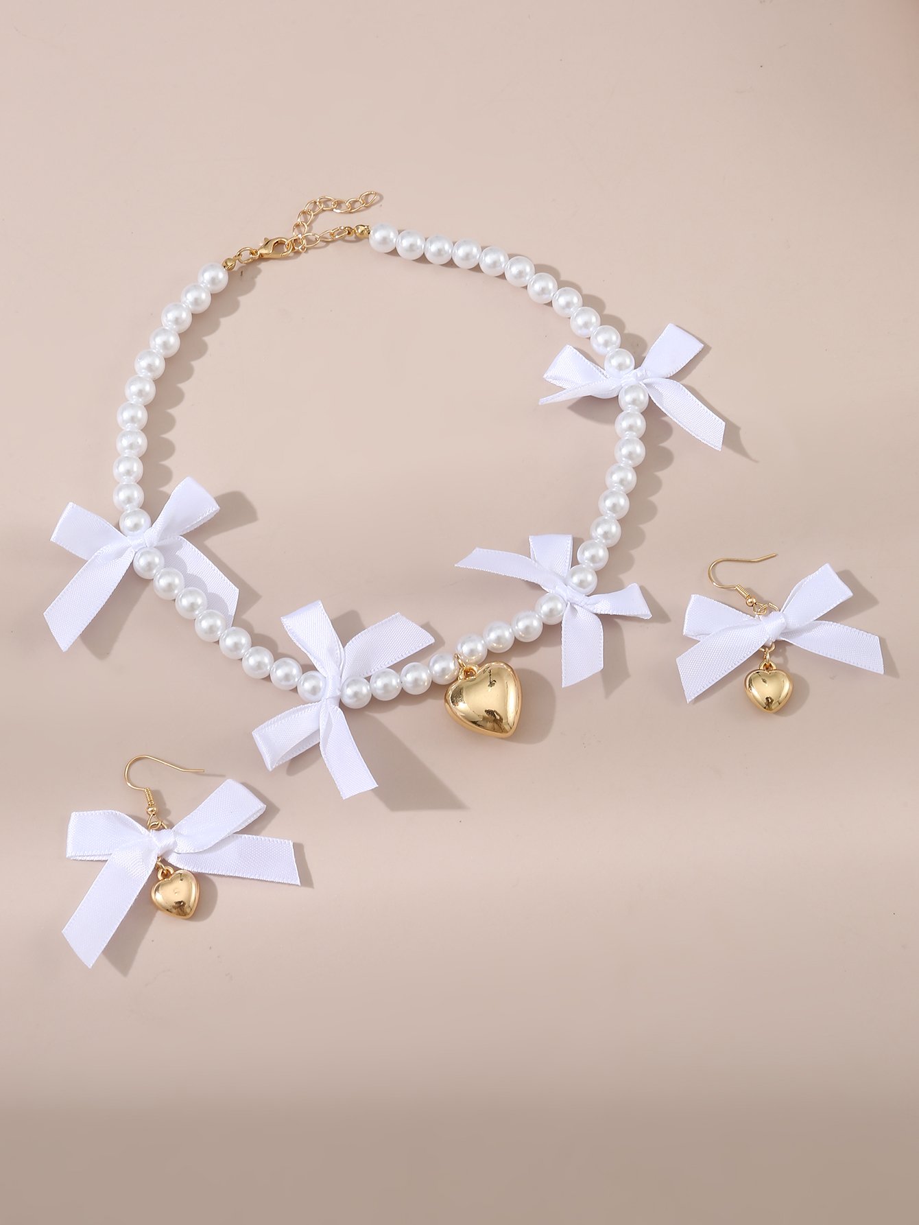 Girls White Bow and Heart Charms Pearl Necklace and Earrings Set