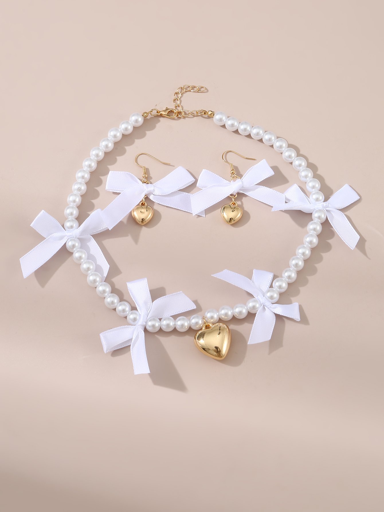 Girls White Bow and Heart Charms Pearl Necklace and Earrings Set