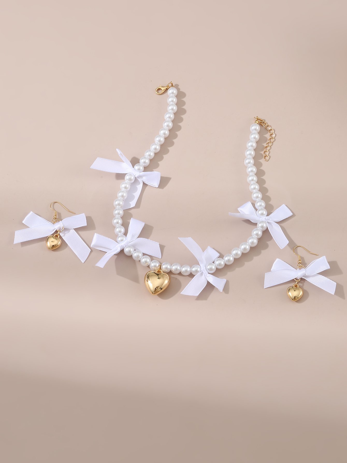 Girls White Bow and Heart Charms Pearl Necklace and Earrings Set