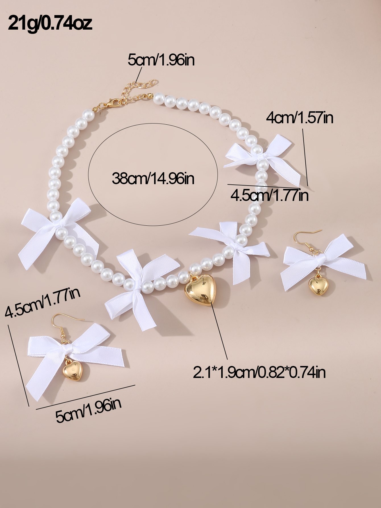 Girls White Bow and Heart Charms Pearl Necklace and Earrings Set