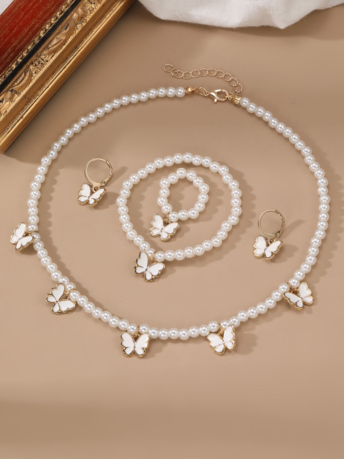 Girls White Butterfly Charm Pearl Necklace, Bracelet, Ring and Earrings Set