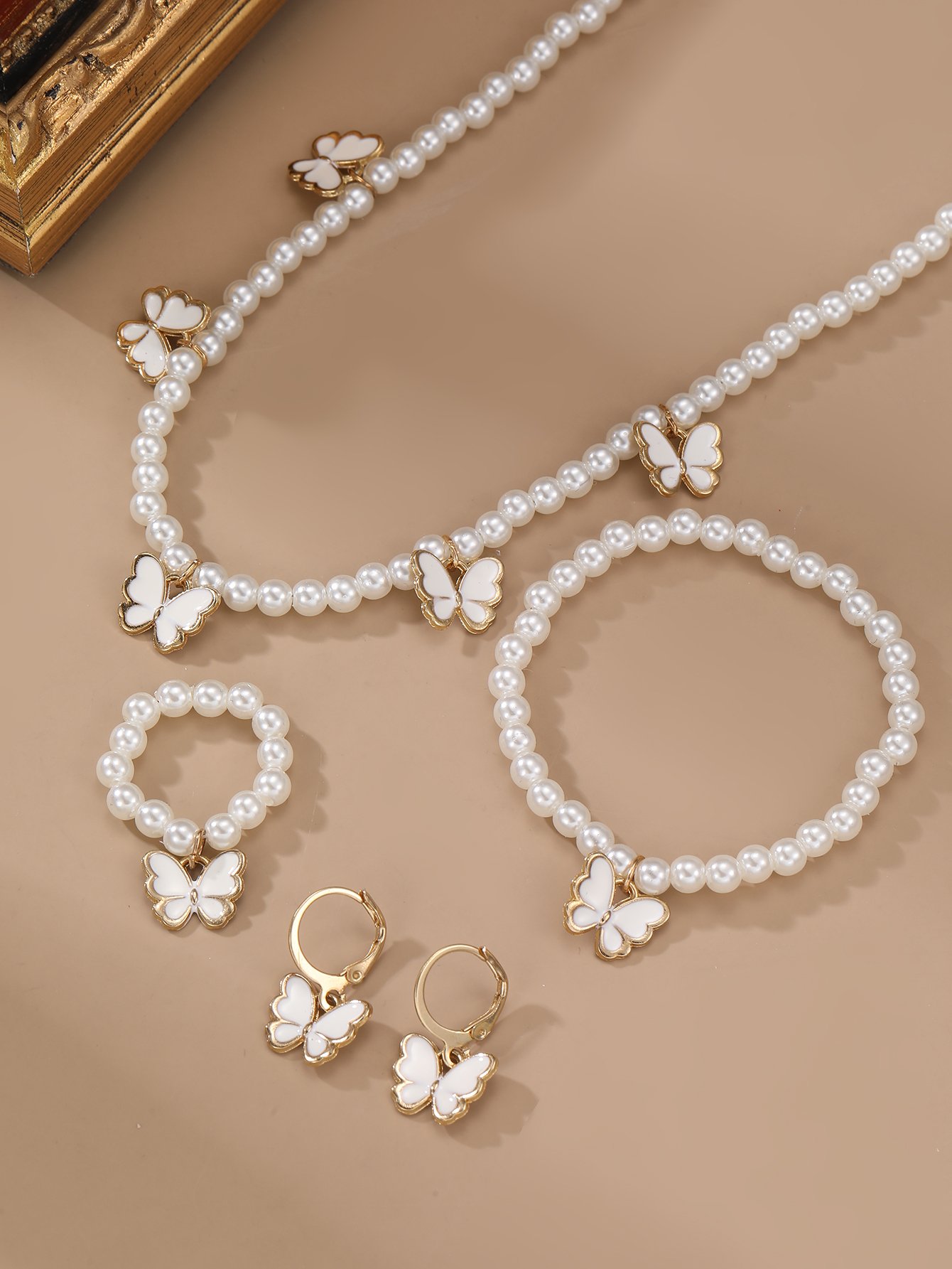 Girls White Butterfly Charm Pearl Necklace, Bracelet, Ring and Earrings Set
