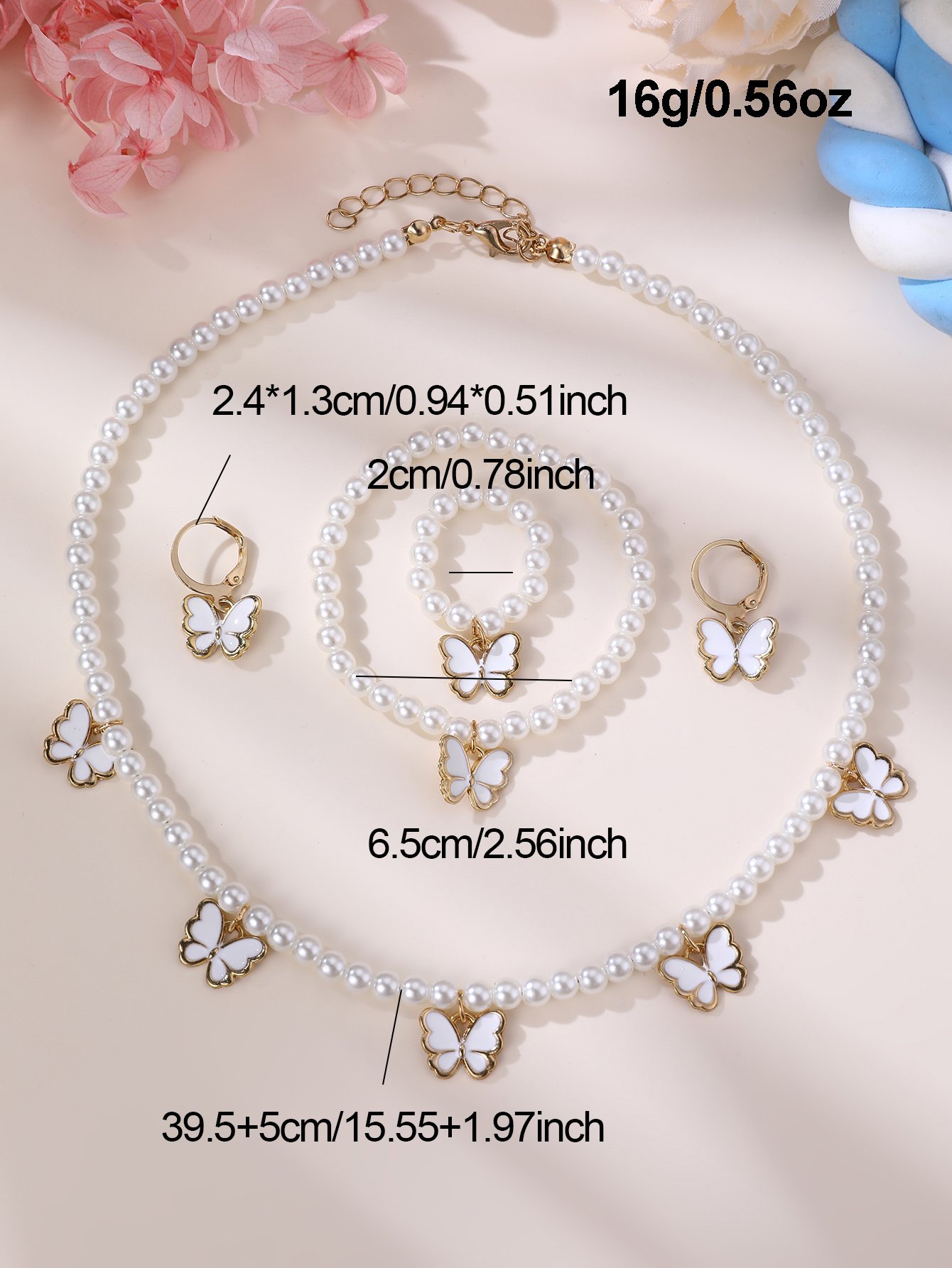 Girls White Butterfly Charm Pearl Necklace, Bracelet, Ring and Earrings Set