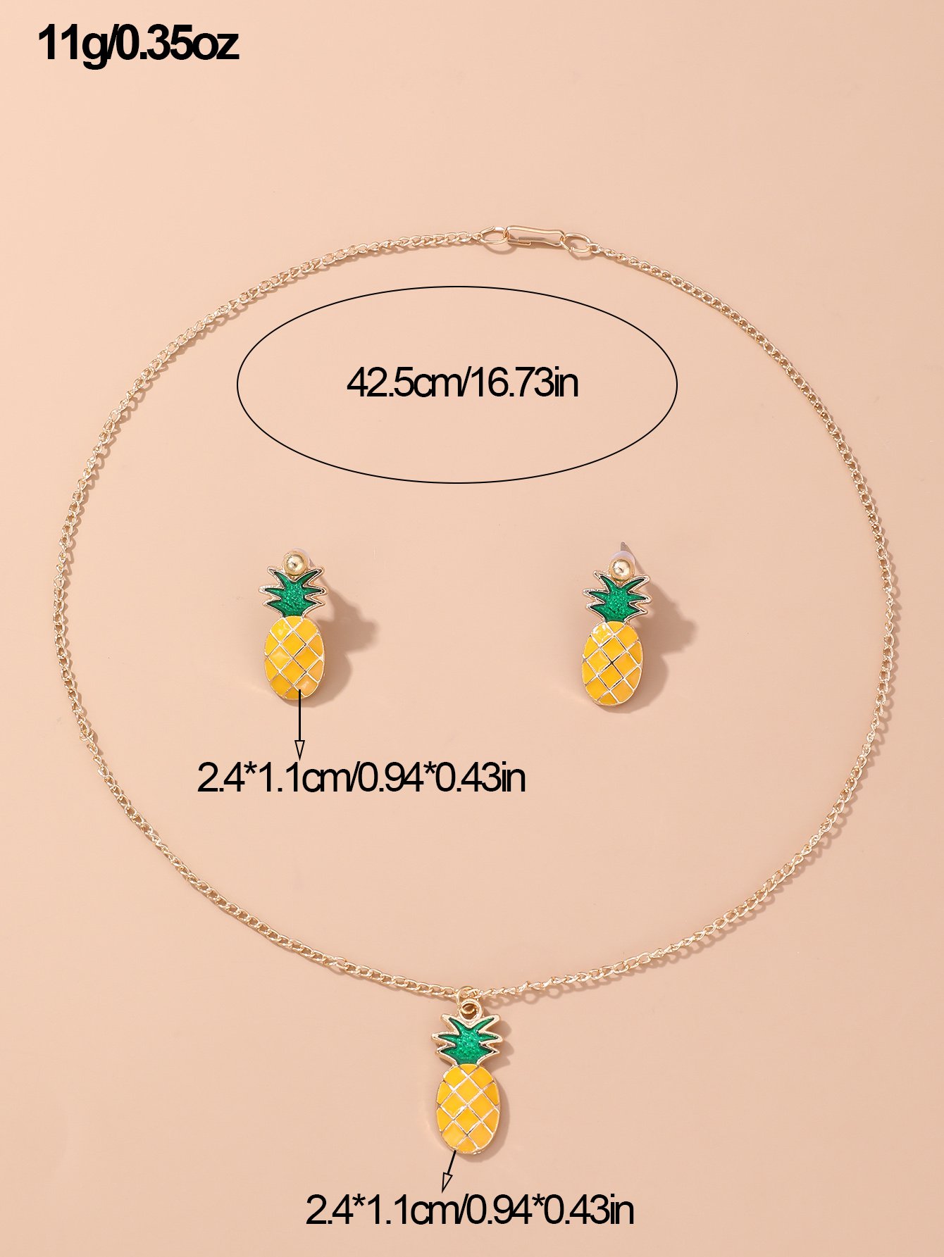 Girls Multi-Color Pineapple Charm Necklace and Earring Set